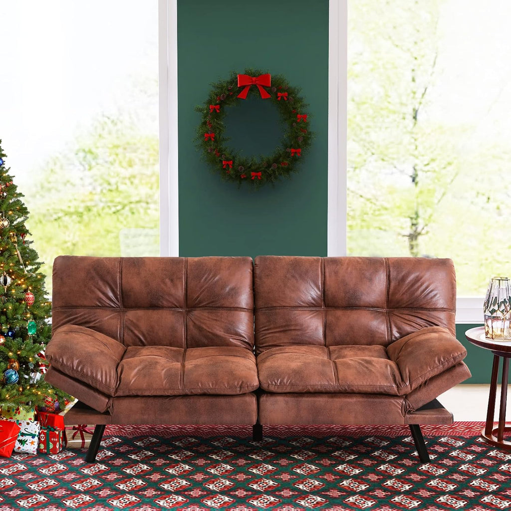 Vyfipt Futon Sofa Bed/Couch, Memory Foam Small Splitback Sofa for Living Room,Modern Loveseat with Covertible Armrests,Faux Leather/Cushion Thicker Version(Brown)