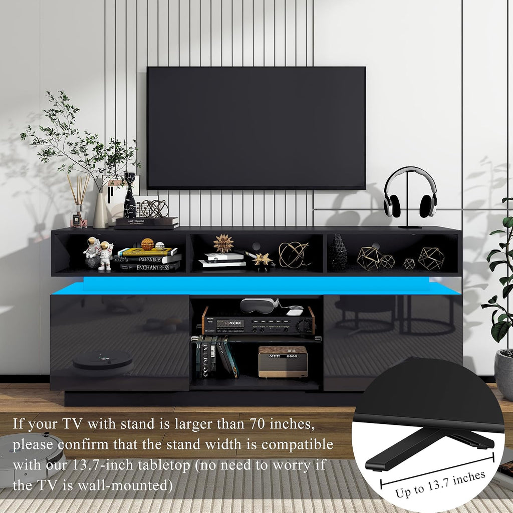 chartustriable LED TV Stand for 75 Inch TV, Modern Tall Entertainment Center with Power Outlets, High Gloss TV Stand, Gaming TV Media Console with Glass Shelf for Living Room, 63 Inch, Black