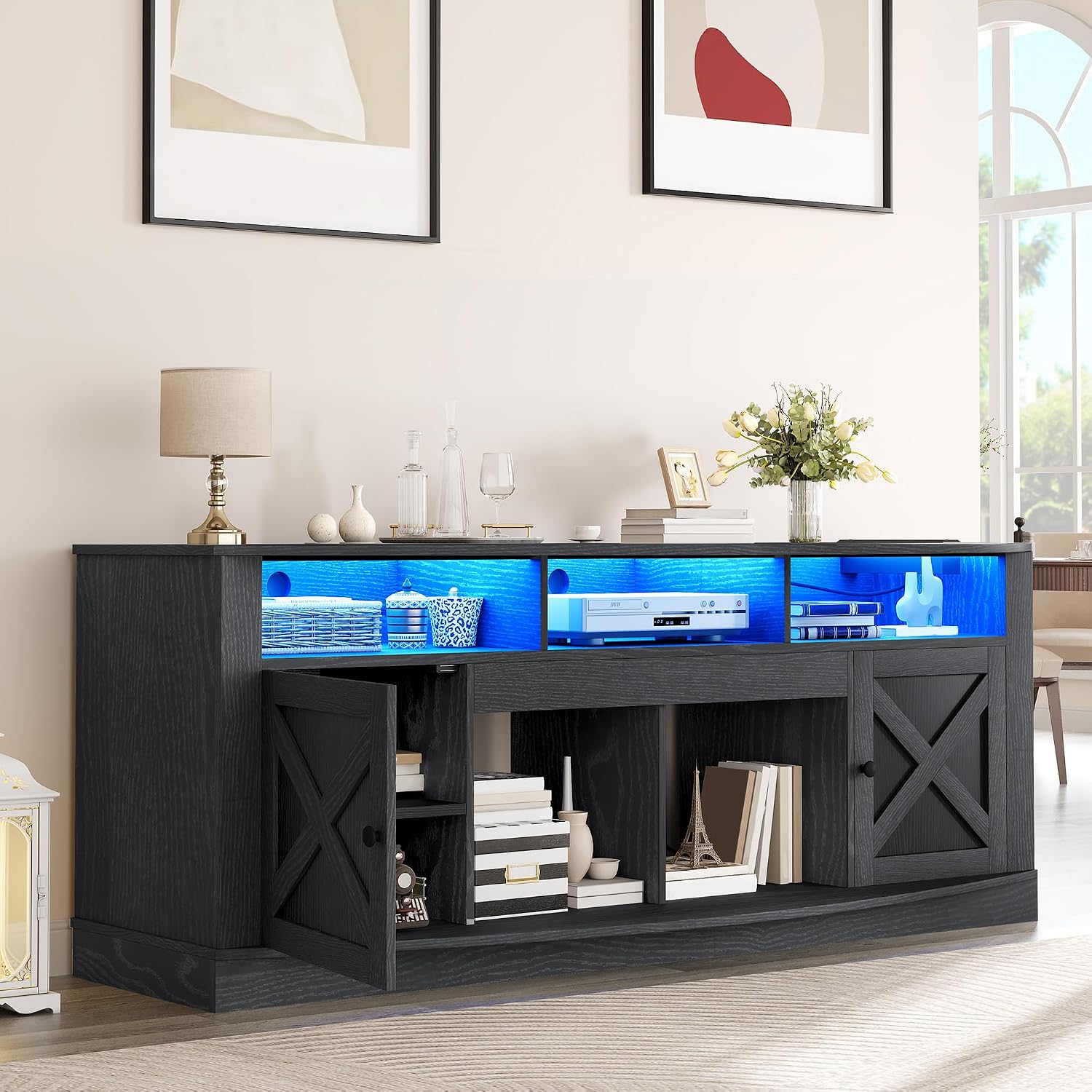 YITAHOME TV Stand for 75/80 Inch TV, Black Entertainment Center 70 Inches Wide, Media Furniture TV Table with with Power Outlet, TV Consoles for Living Room, Curved Desktop