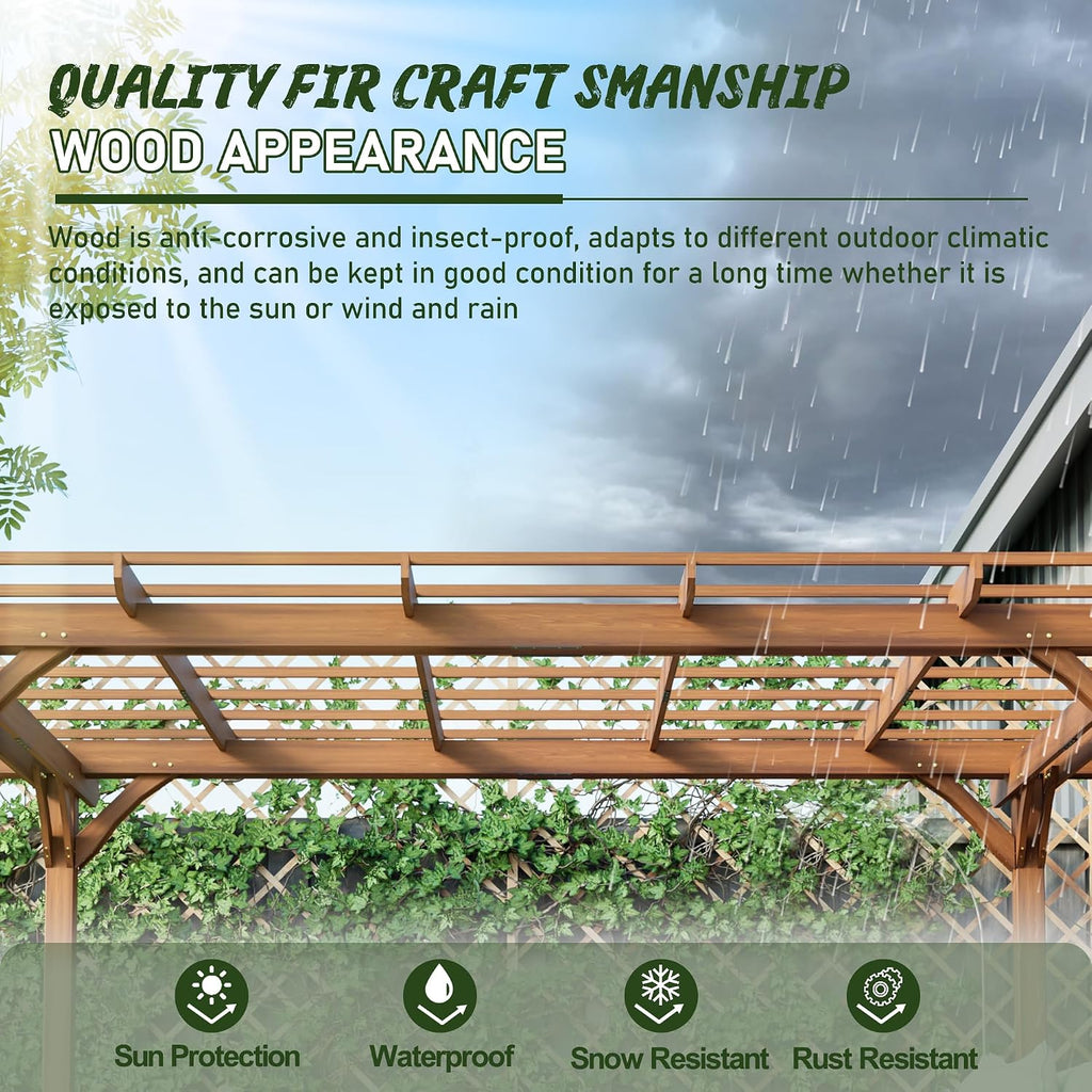 Wood Pergola Gazebo for Climbing Plants - Free Standing Outdoor Garden Structure with Waterproof Solid Fir, Windproof Level 6 & 200lb Snow Load - Backyard, Patio, Poolside Brown (12 x 10 FT)