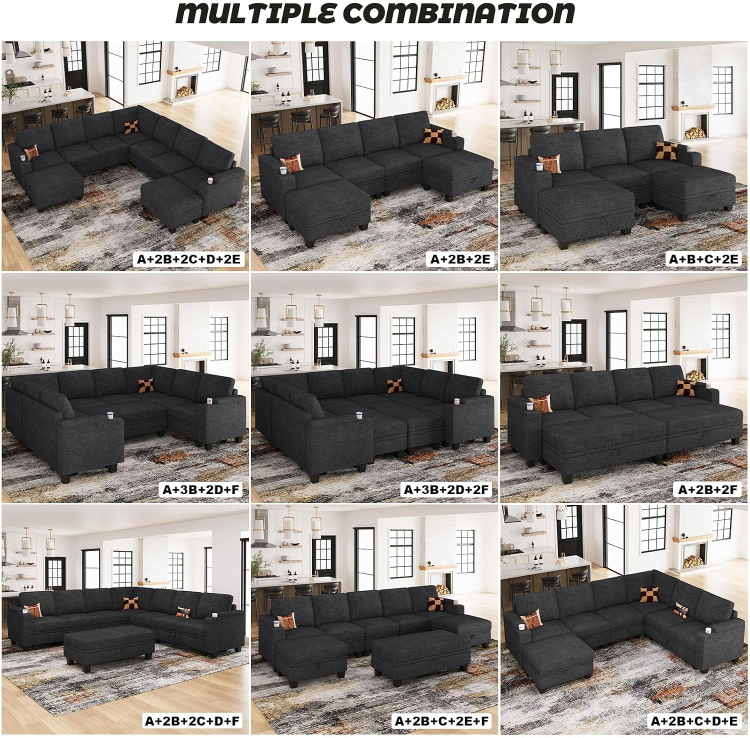 Belffin Small Corner Modular Sectional Couches for Living Room U Shaped Couch with Cup Holder Dark Grey Couch