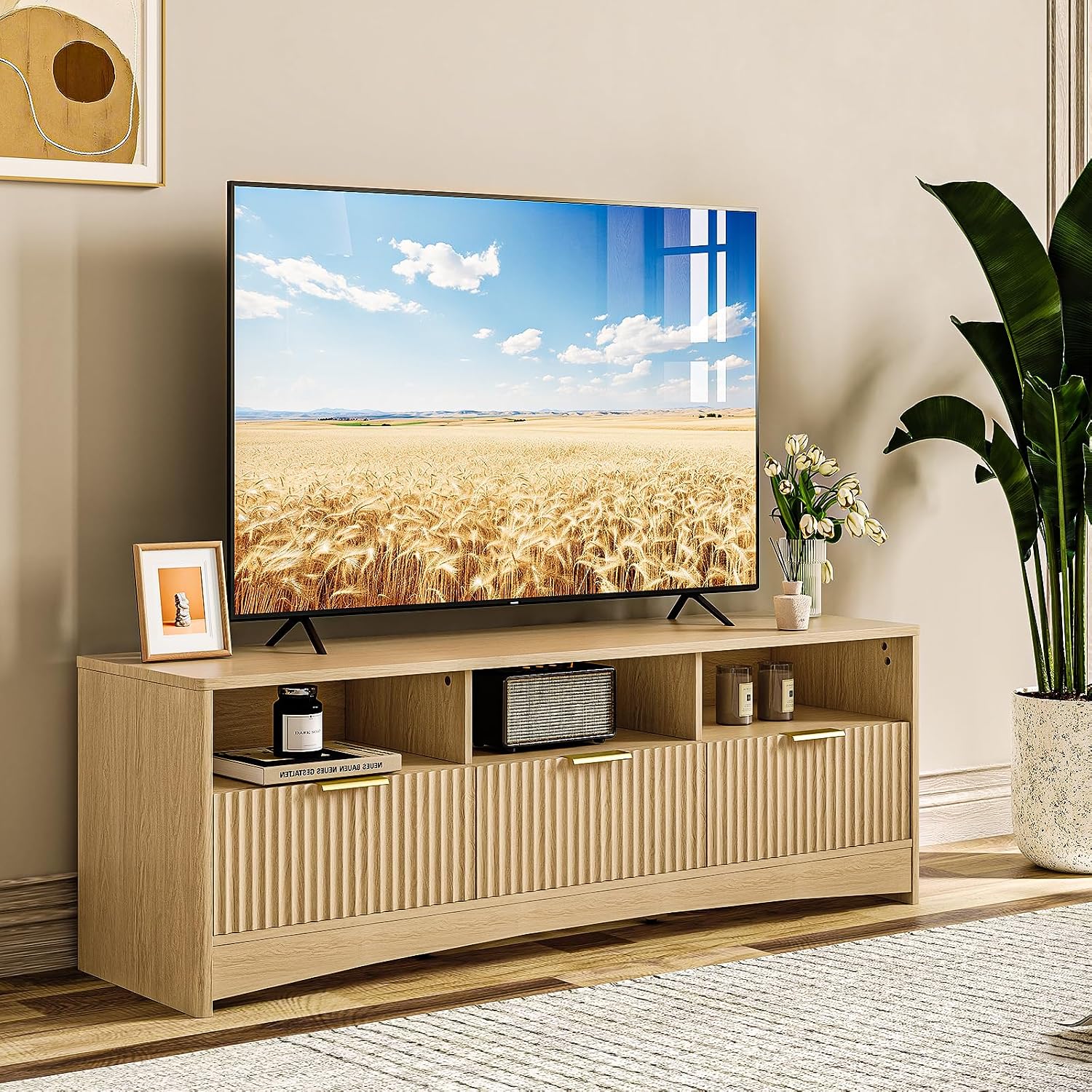 AMADA HOMEFURNISHING Fluted TV Stand for TVs Up to 65″, Mid-Century Modern Entertainment Center with Storage Drawers and Open Shelf, TV Console for Living Room or Bedroom, Natural Oak