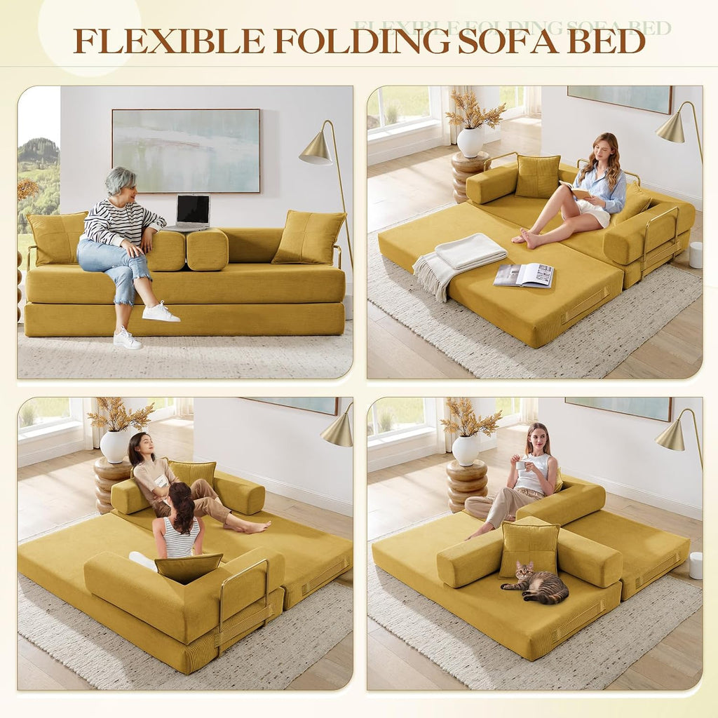 Antetek 78' Convertible Futon Sofa Bed, 3-Seater Modern Corduroy Foam Floor King Size Bed Foldable Sleeper Lounge Loveseat Sofa Couch with 2 Throw Pillows for Living Room Bedroom Guest Room, Yellow