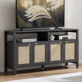 SICOTAS Rattan TV Stand for Television up to 65 Inch - 29.5' Tall Entertainment Center with Storage and Open Shelves,Boho Credenza TV Console Cabinet with 4-Doors and Adjustable Shelf for Living Room