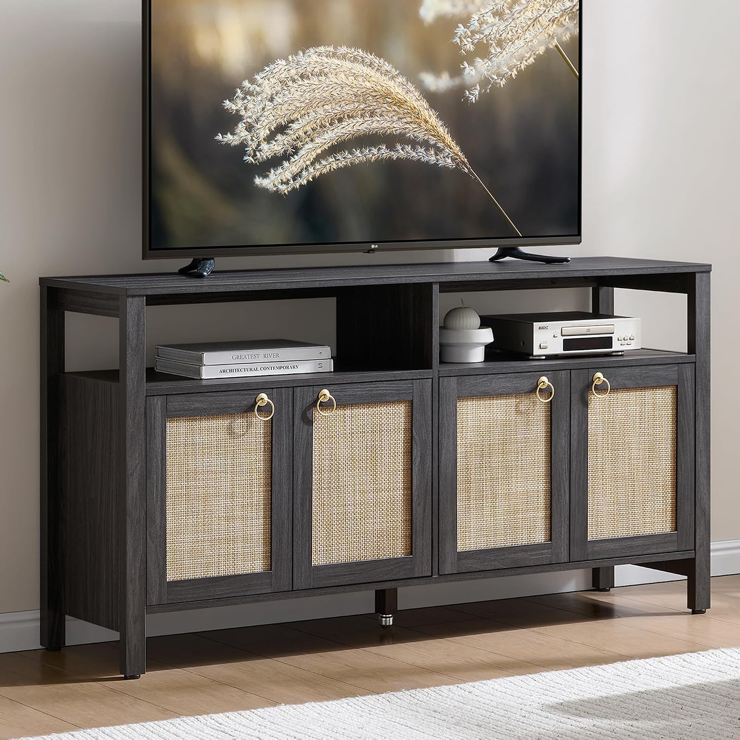 SICOTAS Rattan TV Stand for Television up to 65 Inch - 29.5' Tall Entertainment Center with Storage and Open Shelves,Boho Credenza TV Console Cabinet with 4-Doors and Adjustable Shelf for Living Room