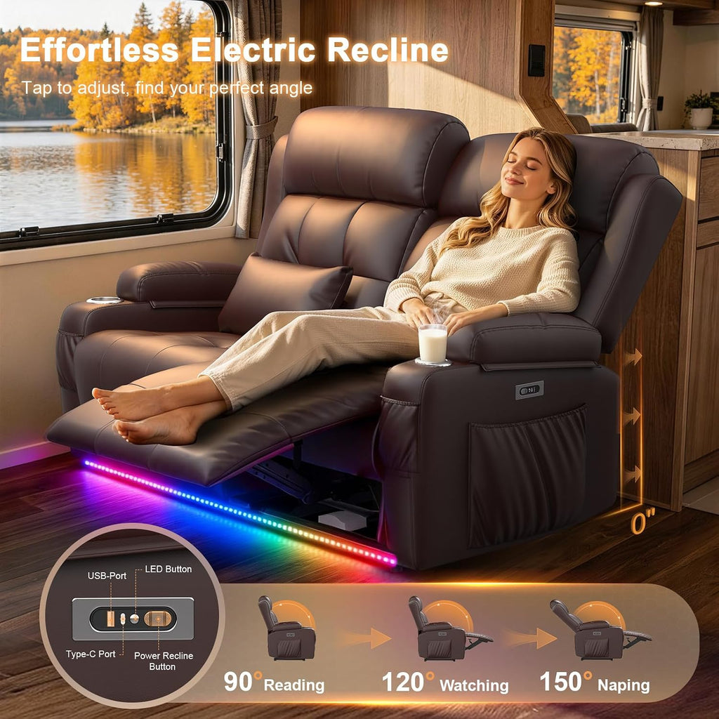 Power Loveseat Recliner Sofa with Graphene Heating & Massage, Zero Wall Hugger Home Theater Seating, RV Reclining Couch with LED Lights, USB & Type-C, Cup Holders, Hidden Storage Armrest & Pillows