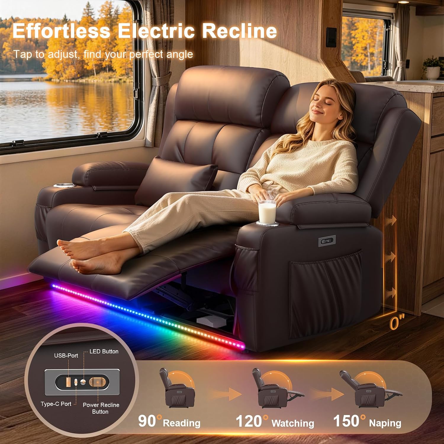 Power Loveseat Recliner Sofa with Graphene Heating & Massage, Zero Wall Hugger Home Theater Seating, RV Reclining Couch with LED Lights, USB & Type-C, Cup Holders, Hidden Storage Armrest & Pillows