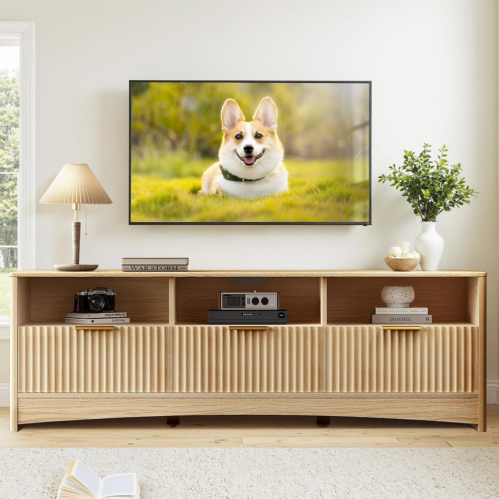 Marsail 59″ Wide TV Stand for TVs Up to 65″, Modern Entertainment Center with Fluted Panels, 3 Easy-Sliding Drawers, Open Shelves & Cable Hole, 3-Tier TV Stands for Living Room & Bedroom, Natural Oak