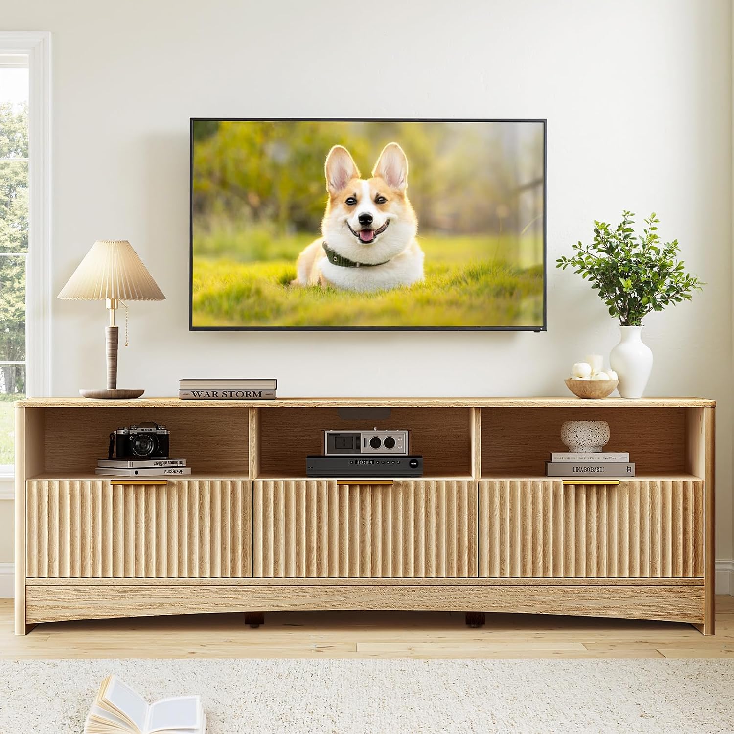 Marsail 59″ Wide TV Stand for TVs Up to 65″, Modern Entertainment Center with Fluted Panels, 3 Easy-Sliding Drawers, Open Shelves & Cable Hole, 3-Tier TV Stands for Living Room & Bedroom, Natural Oak