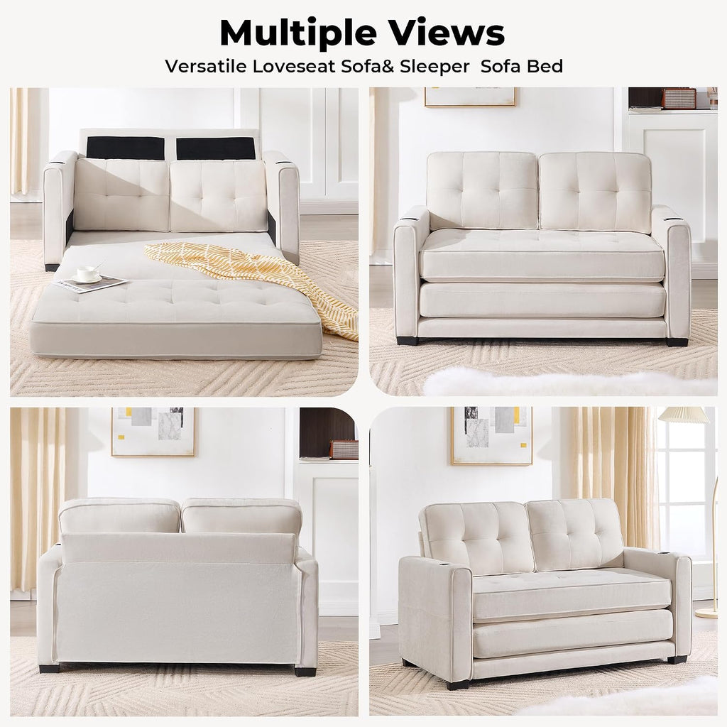 Convertible Sofa Bed, Pull Out Loveseat Sleeper Couch,Linen Fabric 2 in 1 Folding Couch Bed, Fold Out Floor Futon Couches with Cup Holder for Living Room, Bedroom,Small Space, Beige