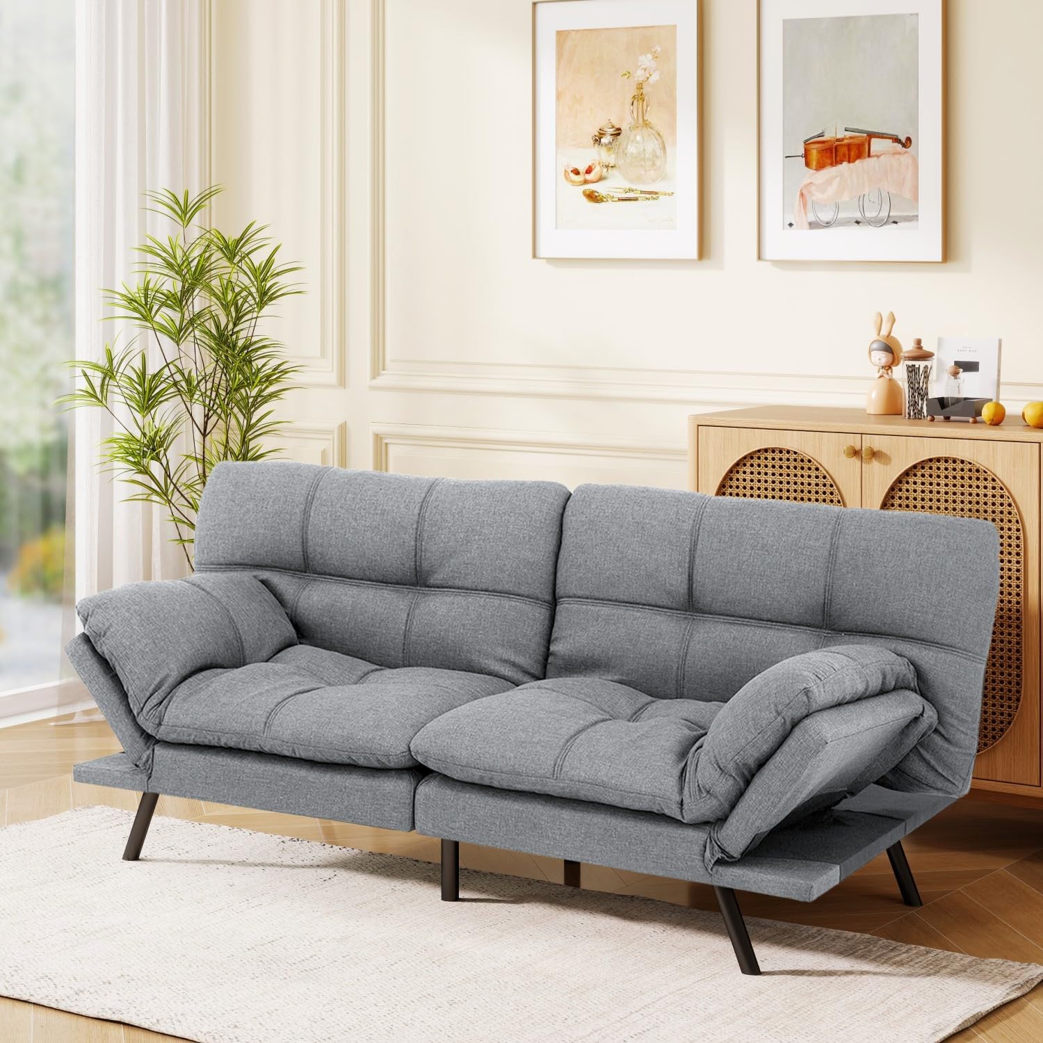 MUUEGM Futon Sofa Bed, 71' Convertible Memory Foam Sofa Couch with Adjustable Backrest & Armrests, Modern Upholstered Sleeper Couch for Small Spaces, Living Room & Apartment, Linen Fabric, Lihgt Gray