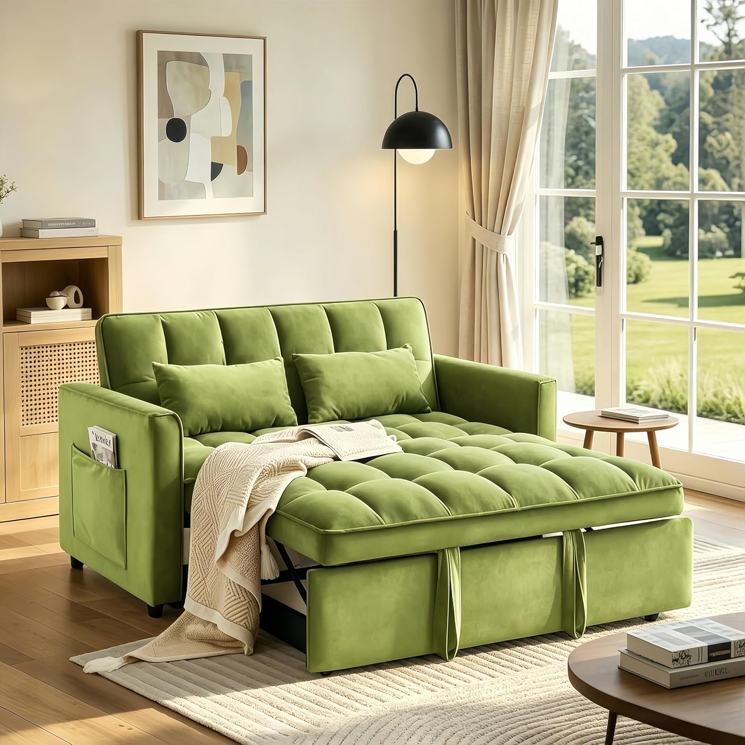 3 in 1 Convertible Sofa Bed, Loveseat Sleeper Sofa with Large Side Pockets, Pull Out Couch with Adjustable Backrest, Easy Assembly, Velvet Couch Bed for Small Spaces, Apartment, Green