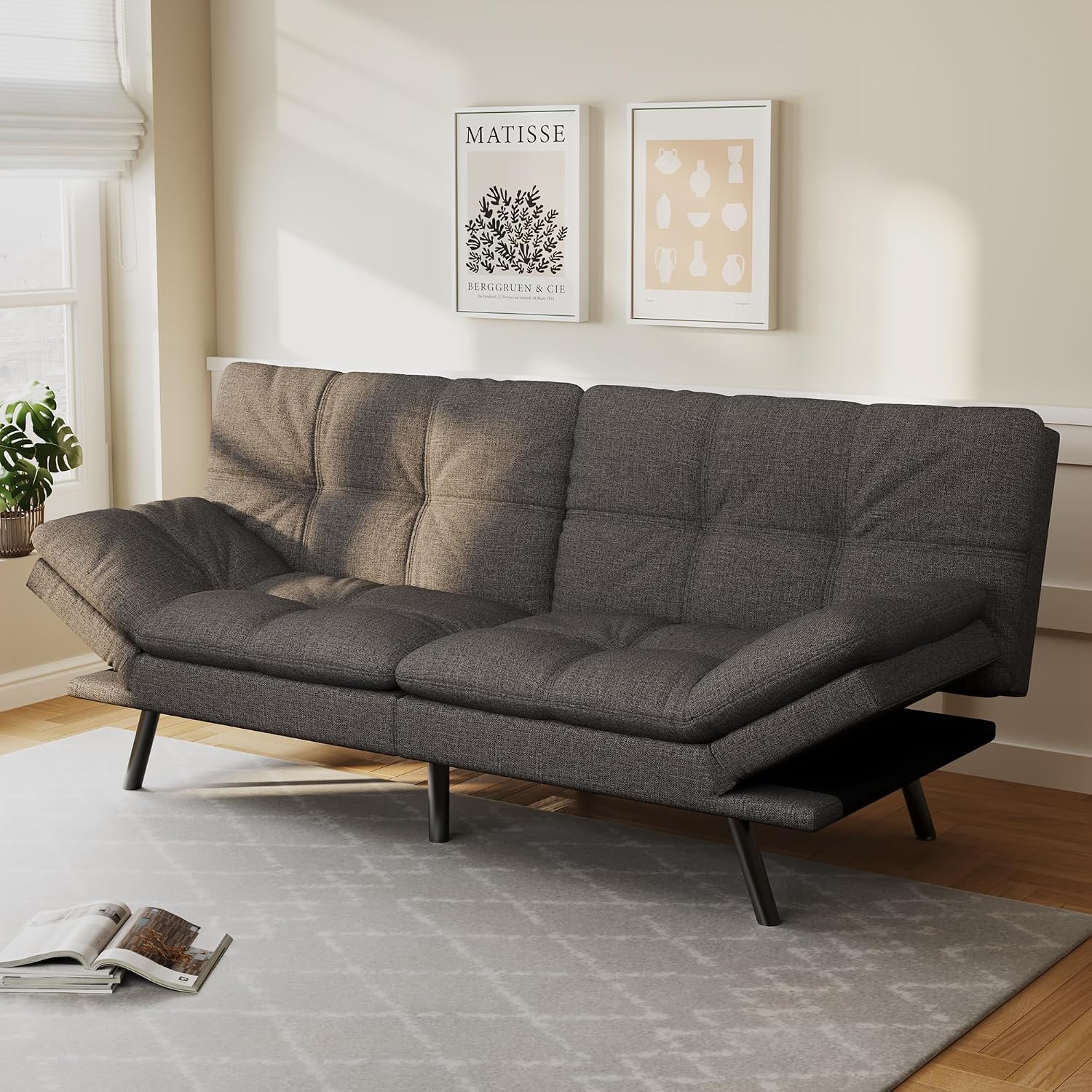 Opoiar Convertible Futon Sofa Bed,Linen Fabric Futon Couch,Sofa & Couch Soft Cushions Love Seat Daybed for Studio, Apartment, Office, Small Space, Compact Living Room,Grey