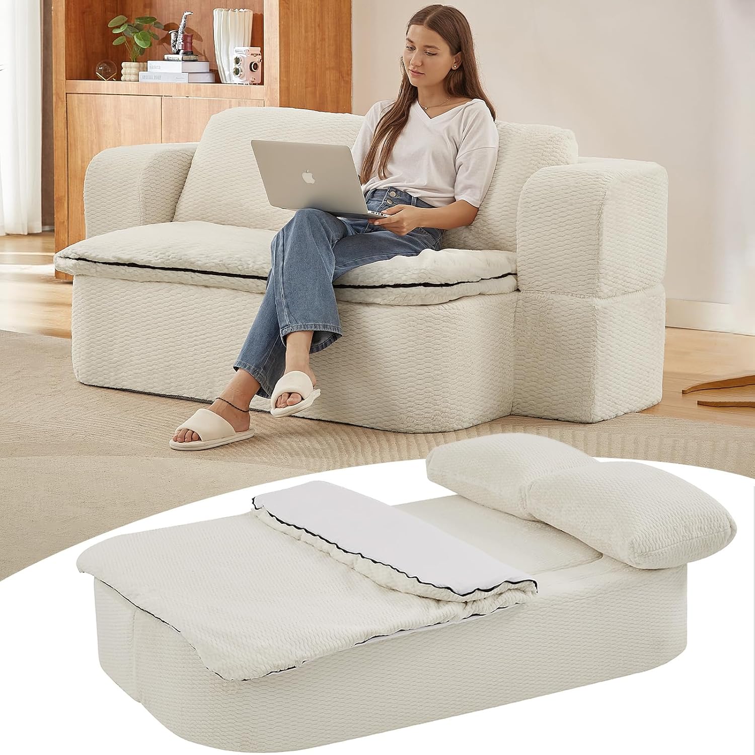 Futon Sofa Bed with Blanket, Convertible Folding Boneless Compressed Faux Fur Memory Foam Floor Loveseat Sleeper Sofa Couch Full Size Bed with Pillows for Guest Room Living Room Small Space, Beige