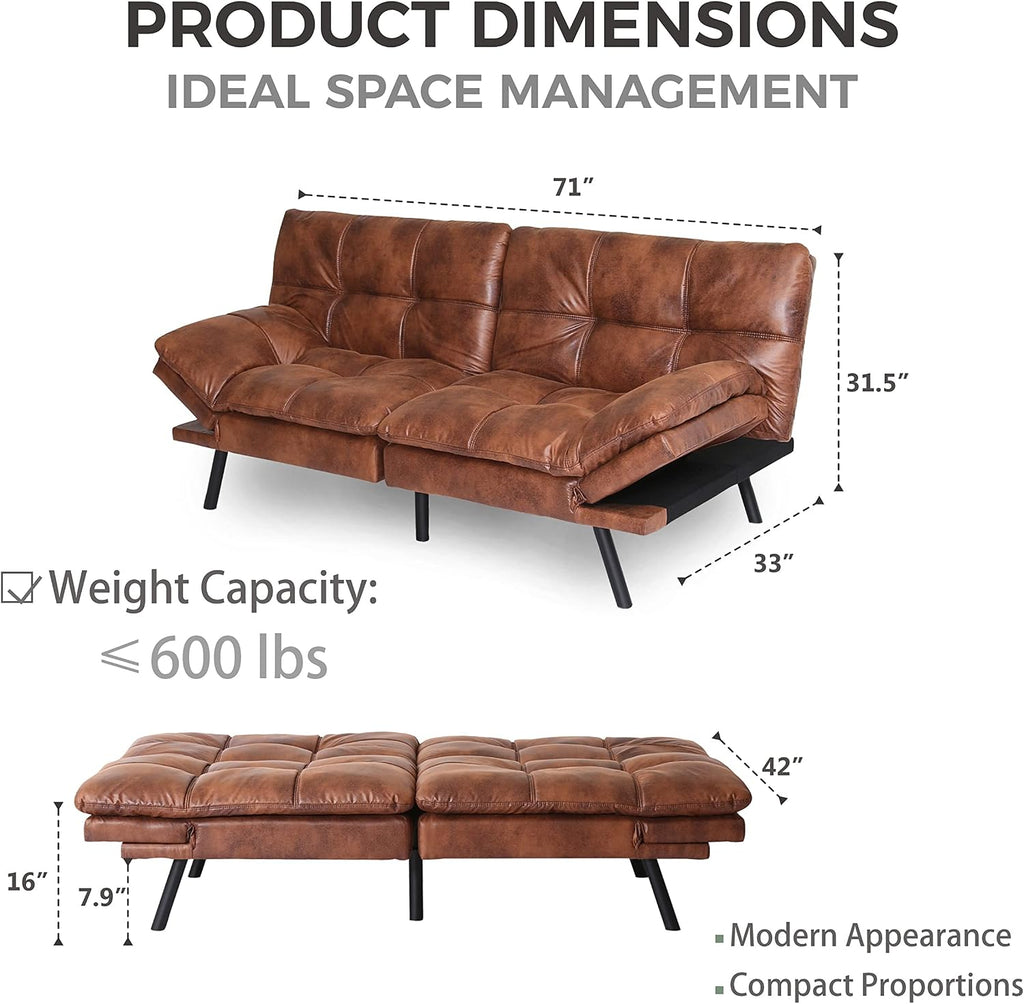 Anwick Convertible Memory Foam Futon Couch Bed, Leather Futon Sofa Bed, Folding Modern Sleeper Sofa with Quick Adjustable Armrest and Backrest for Studio Apartment/Home Office/Small Space (Brown)