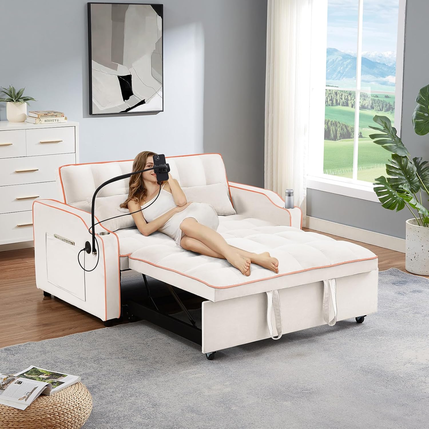 JEEOEHY 3 in 1 Convertible Sleeper Sofa Bed,Velvet Pull Out Couch Bed w USB&Type C Port,Comfy Futon Loveseat w Adjustable Backrest&Phone Stand&Cup Holder for Living Room Apartment Small Space(Beige)
