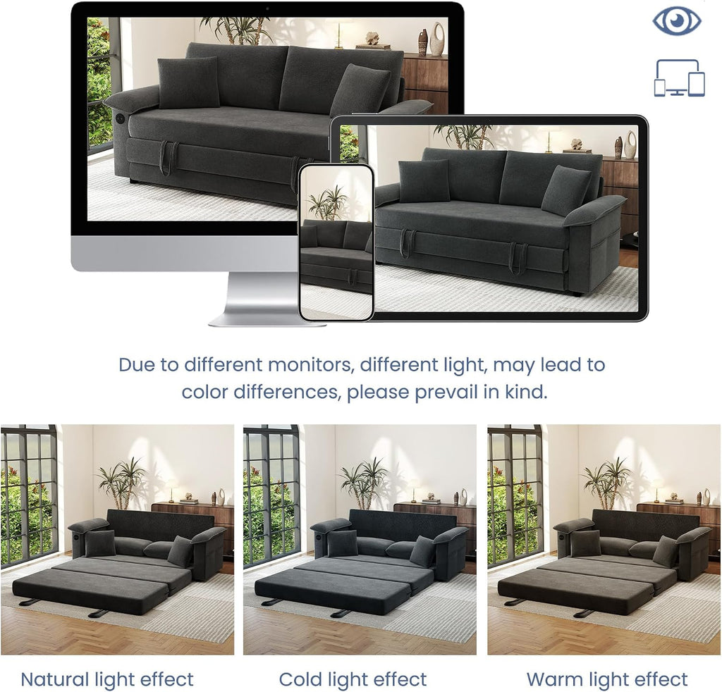 SUNWAVE 77' Sleeper Sofa Convertible Sofa Bed with USB Ports & Side Pockets, Chenille Loveseat Pull Out Couch with Full Size Sleeping Area, Folding Sofa Bed for Living Room & Small Spaces (Black)