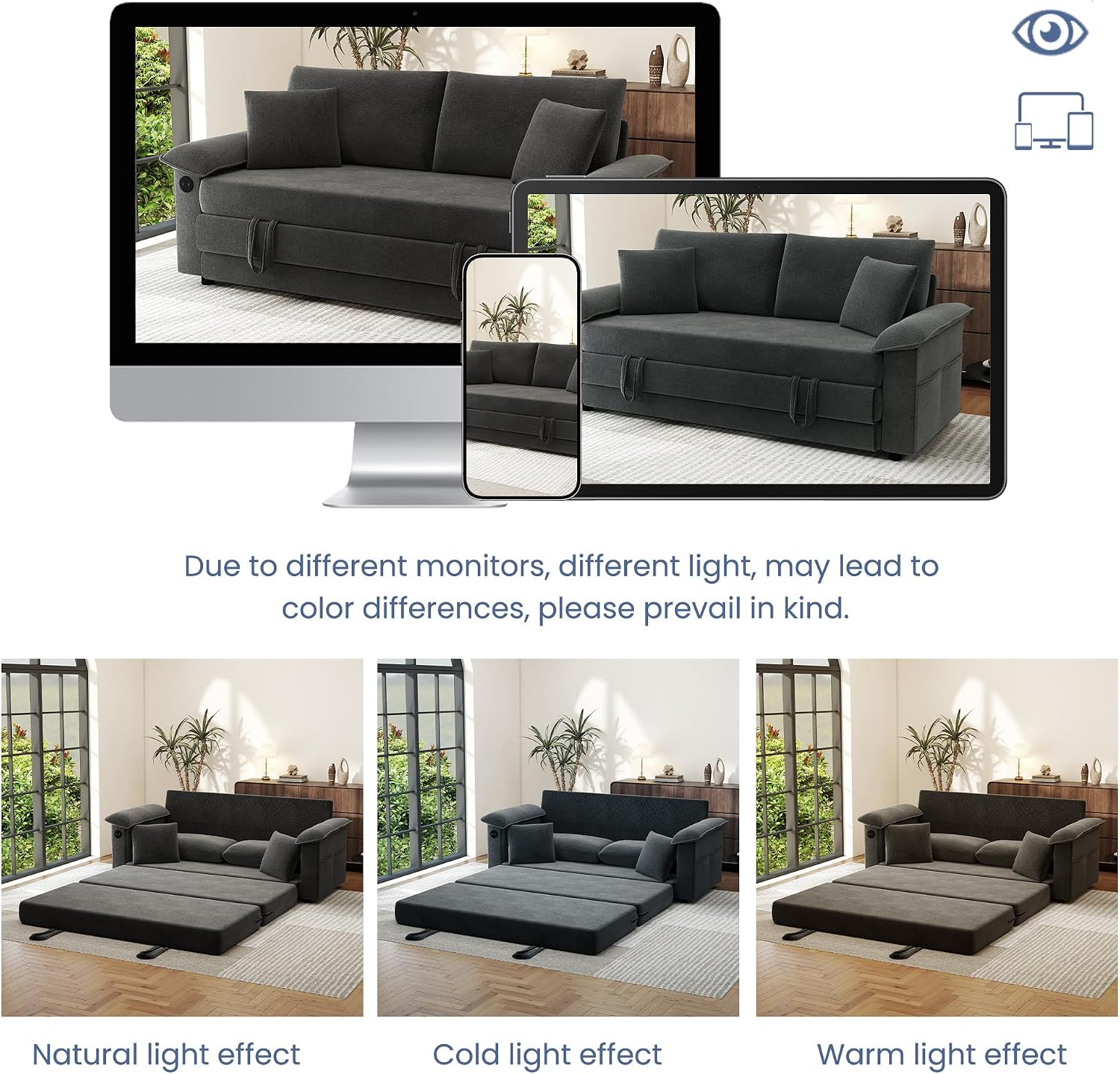 SUNWAVE 77' Sleeper Sofa Convertible Sofa Bed with USB Ports & Side Pockets, Chenille Loveseat Pull Out Couch with Full Size Sleeping Area, Folding Sofa Bed for Living Room & Small Spaces (Black)