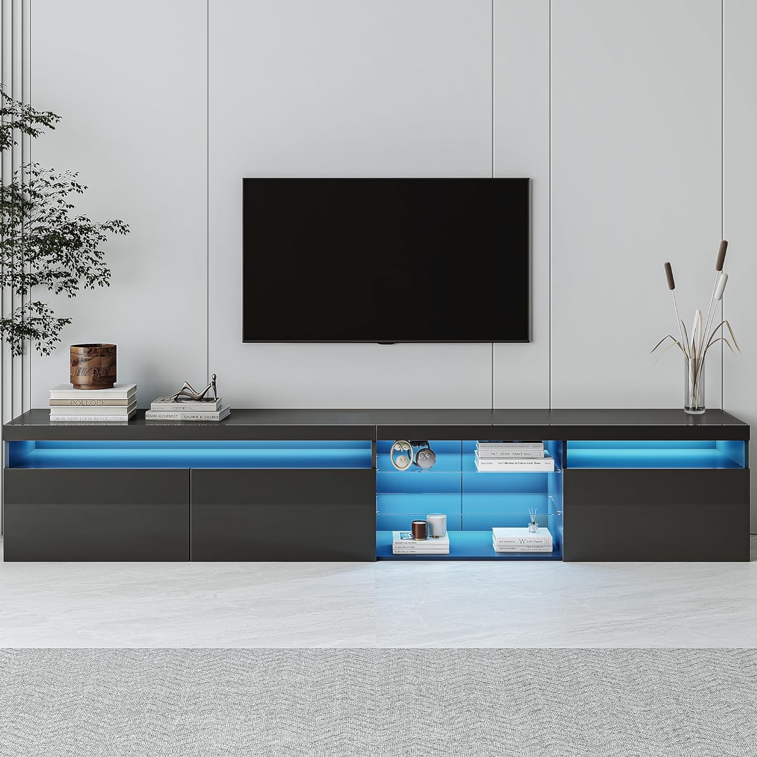 Bellemave LED TV Stand for TVs Up to 105',Ample Storage Space Media Console with 2 Glass Shelves,Versatile TV Cabinet with LED Color Changing Lights for Living Room (Black)