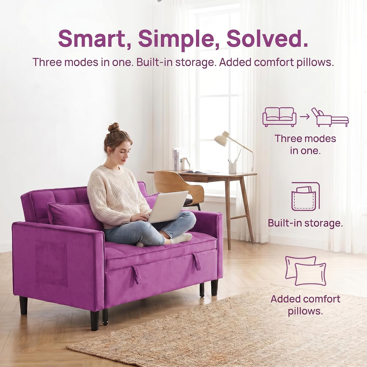 3 in 1 Convertible Sofa Bed, Loveseat Sleeper Sofa with Large Side Pockets, Pull Out Couch with Adjustable Backrest, Easy Assembly, Velvet Couch Bed for Small Spaces, Apartment, Deep Pink