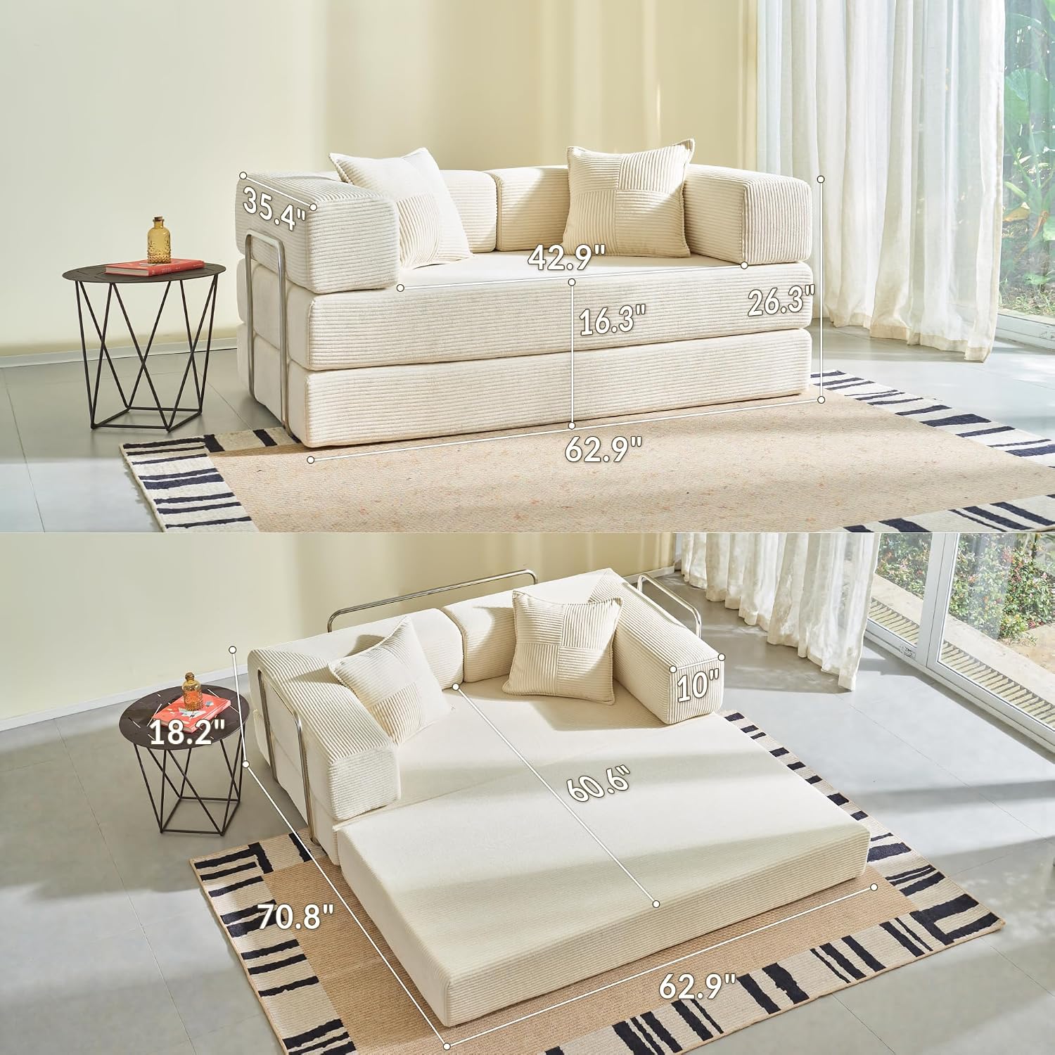 YINIX Sofa Bed, 62'' Folding Floor Couch, Compressed Convertable Sleeper Sofa, Memory Foam Couch with Pillow Back Support Armrest, 4-in-1 Futon Sofa Bed for Living Room, Ivory