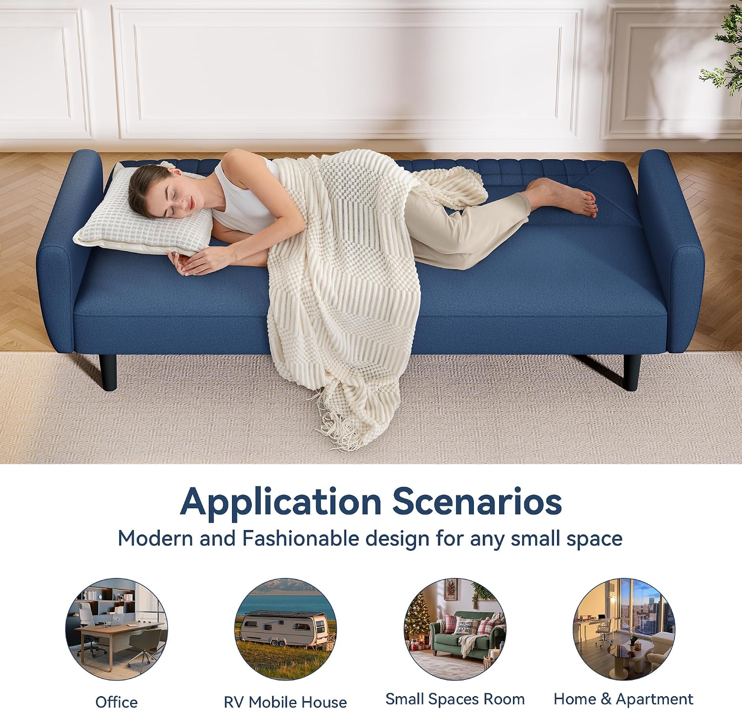 Futon Sofa Bed,75.8' Linen Fabric Comfy Futon Couch Bed,3 Seater Convertible Sleeper Sofa with Adjustable Backrests,Modern Folding Loveseat for Living Room,Office,Apartment,Bedroom,Blue