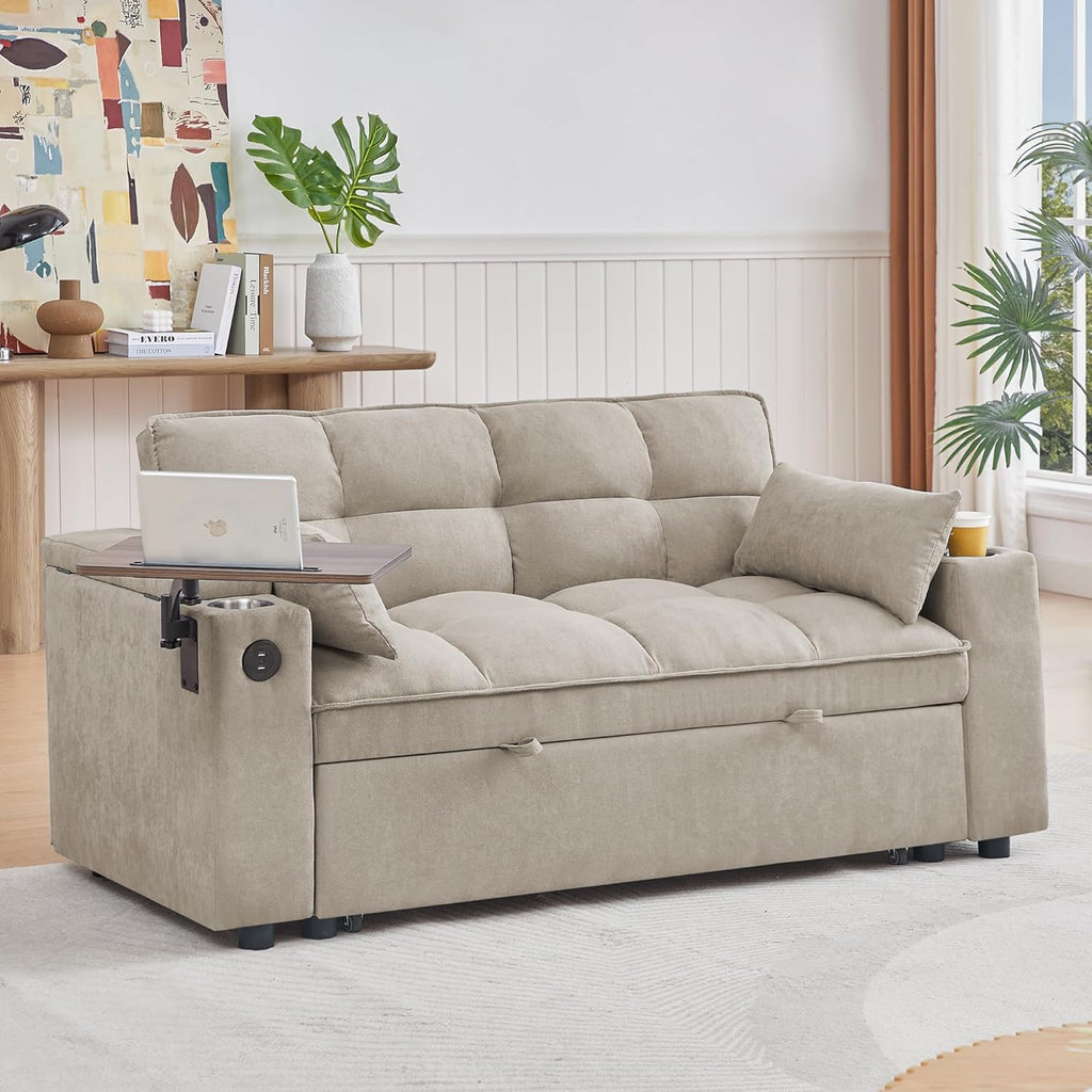 65' Cloud Couch Sleeper Sofa Bed with USB Charging Port & Side Pocket, Chenille Fabric Pull-Out Sofa with Thick Cushions, High Resilience Foam & Pillows for Living Room, Apartment, Small Spaces