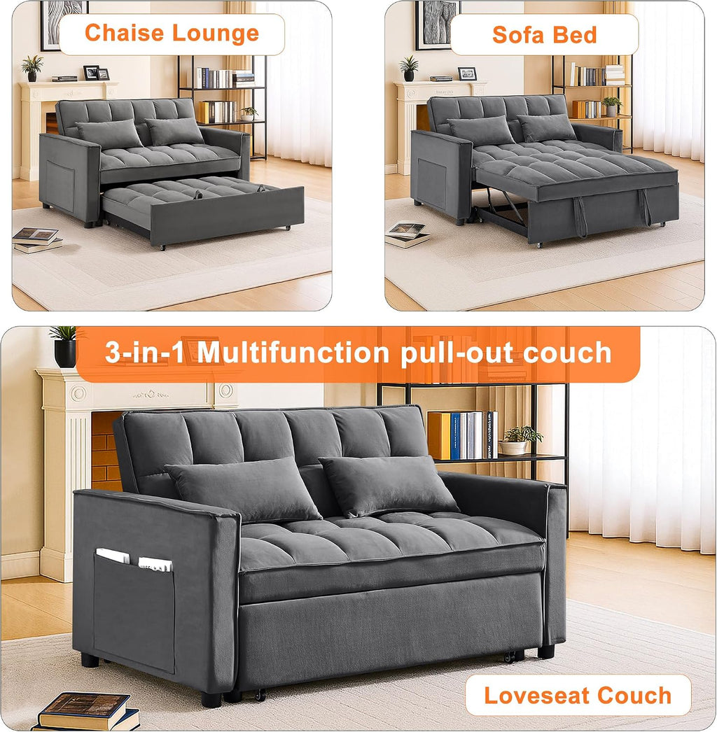 3 in 1 Convertible Sleeper Sofa Bed,Futon Pull Out Couch with Adjustable Backrest,Velvet Fabric Loveseat Sofa with Side Pocket for Bedroom, Living Room