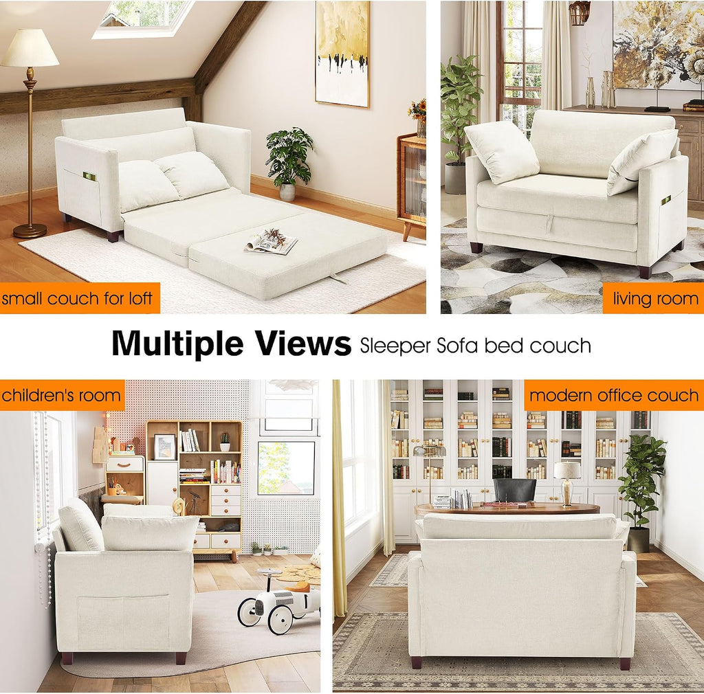 51' Loveseat Sleeper Sofa Bed, Chenille Convertible Floor Sofa Bed for Small Spaces, Folding Couch Bed with Deep Seat, 2 Pillows & Solid Frame, Pull Out Floor Couch for Living Room, Beige