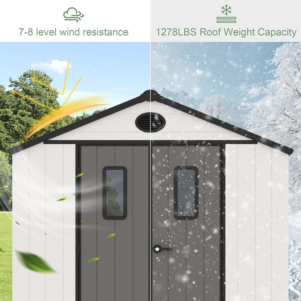 8' x 8' Outdoor Resin Storage Shed with Floor,Galvanized Metal Waterproof Garden Shed with Lockable Door, Windows, Vents, Plastic Tool, Bike Storage for Patio Furniture, Lawn Mower