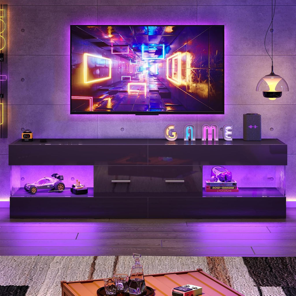 Bestier Black TV Stand for 55/60/65 Inch TV, High Gloss Modern TV Stand with Stone-Patterned Side Panels, LED Entertainment Center with Large Drawer, TV Consoles for Living Room, Bedroom