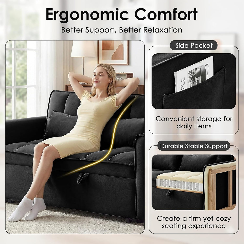 3 in 1 Convertible Sleeper Sofa Bed, 55' Pull Out Couches, Modern Loveseat Sleeper Sofa with Adjustable Reclining Backrest & Side Pockets for Living Room, Velvet Fabric, Black
