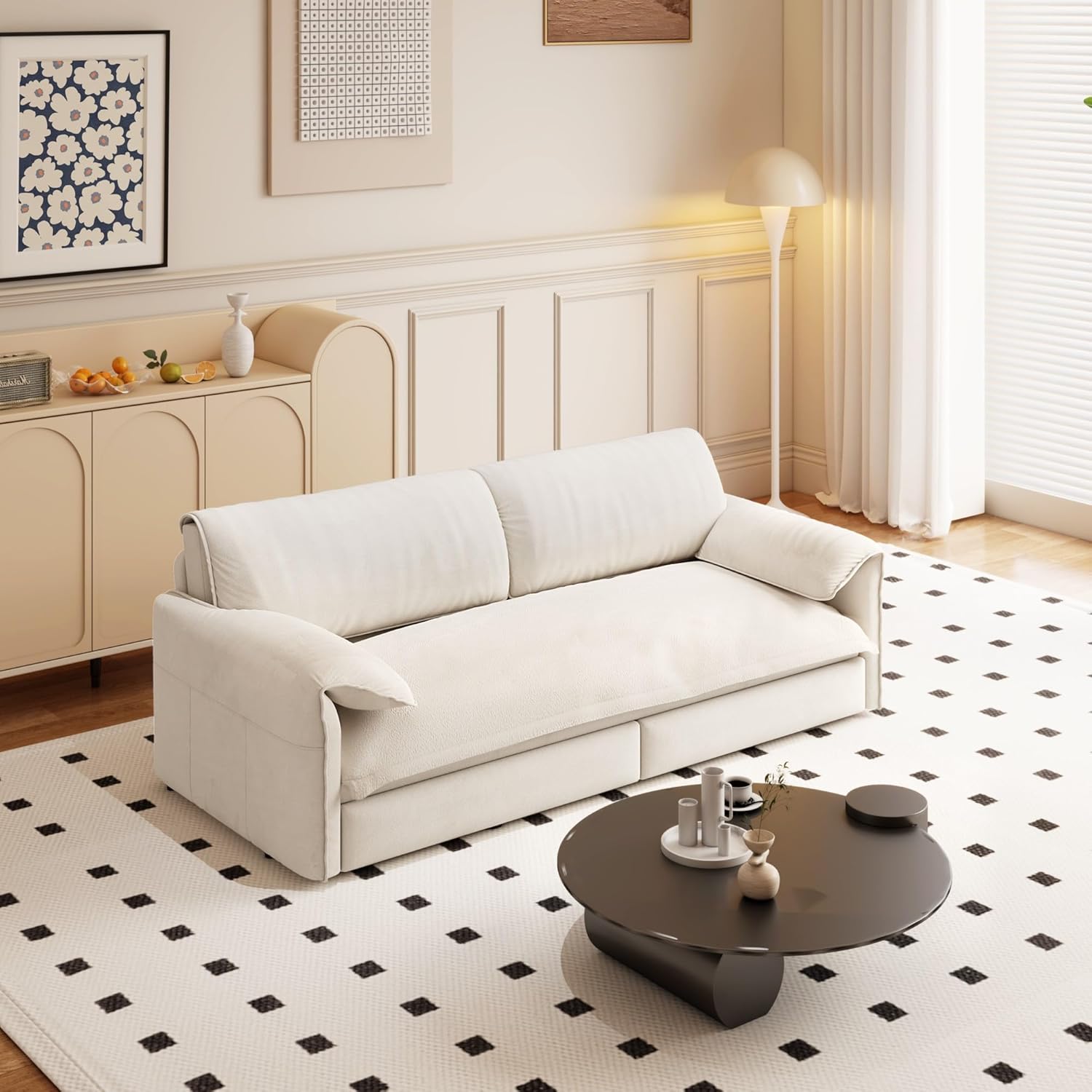 3 in 1 Convertible Queen Sleeper Sofa Bed Comfy Pull Out Futon Couch Bed 66' Modern Velvet Recliner Loveseat Sofa Multi-Functional Beige Cloud Couch for Living Room,Apartment,Office (Beige 66')