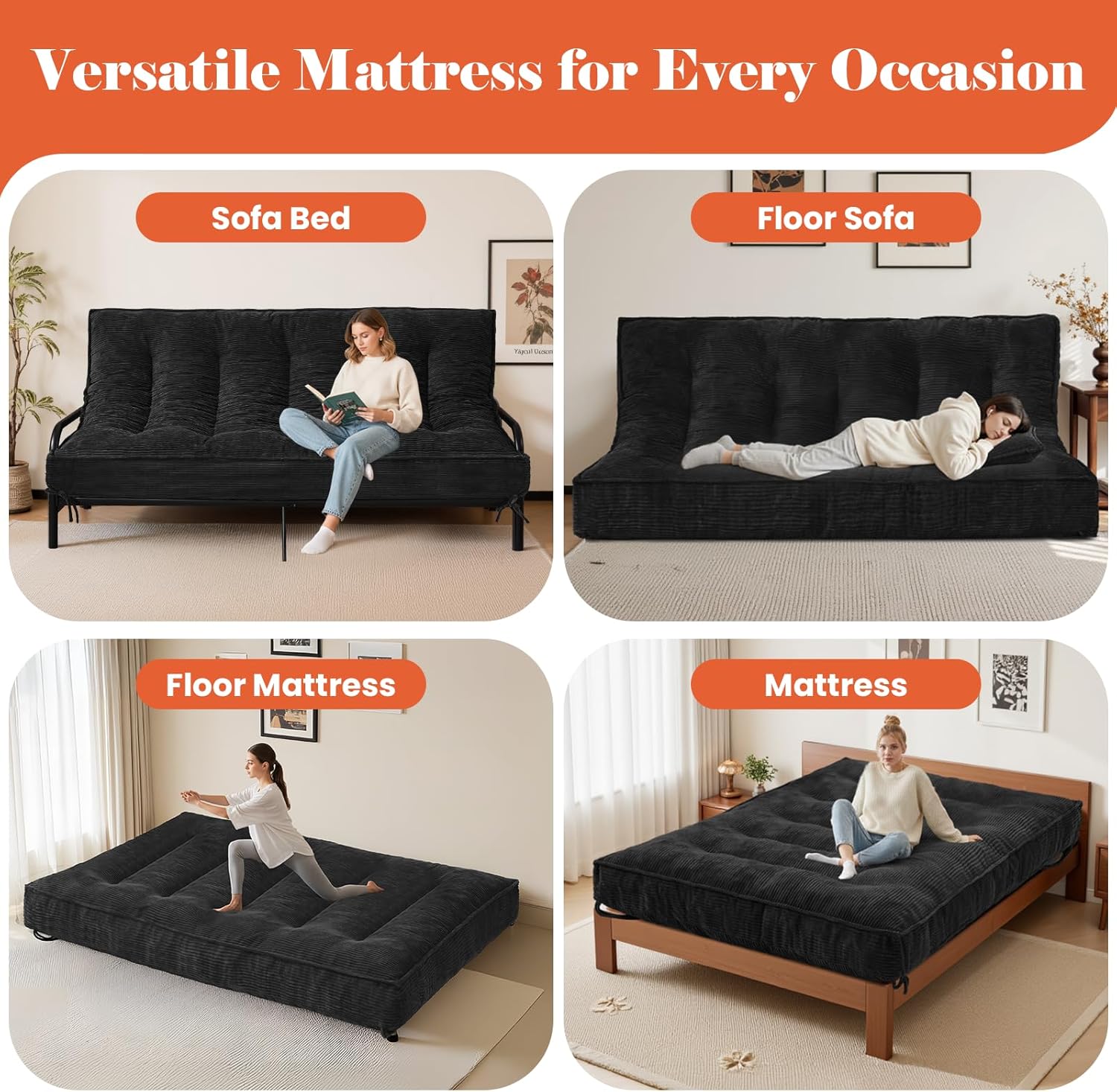 8' Futon Mattress Queen Size, Futons Sofa Bed Sleeper Couch Bed, Folding Mattress with Shredded Foam & 2 Straps, Futon Floor Mattress for Living Room & Guest Room, Corduroy (Frame Not Included)