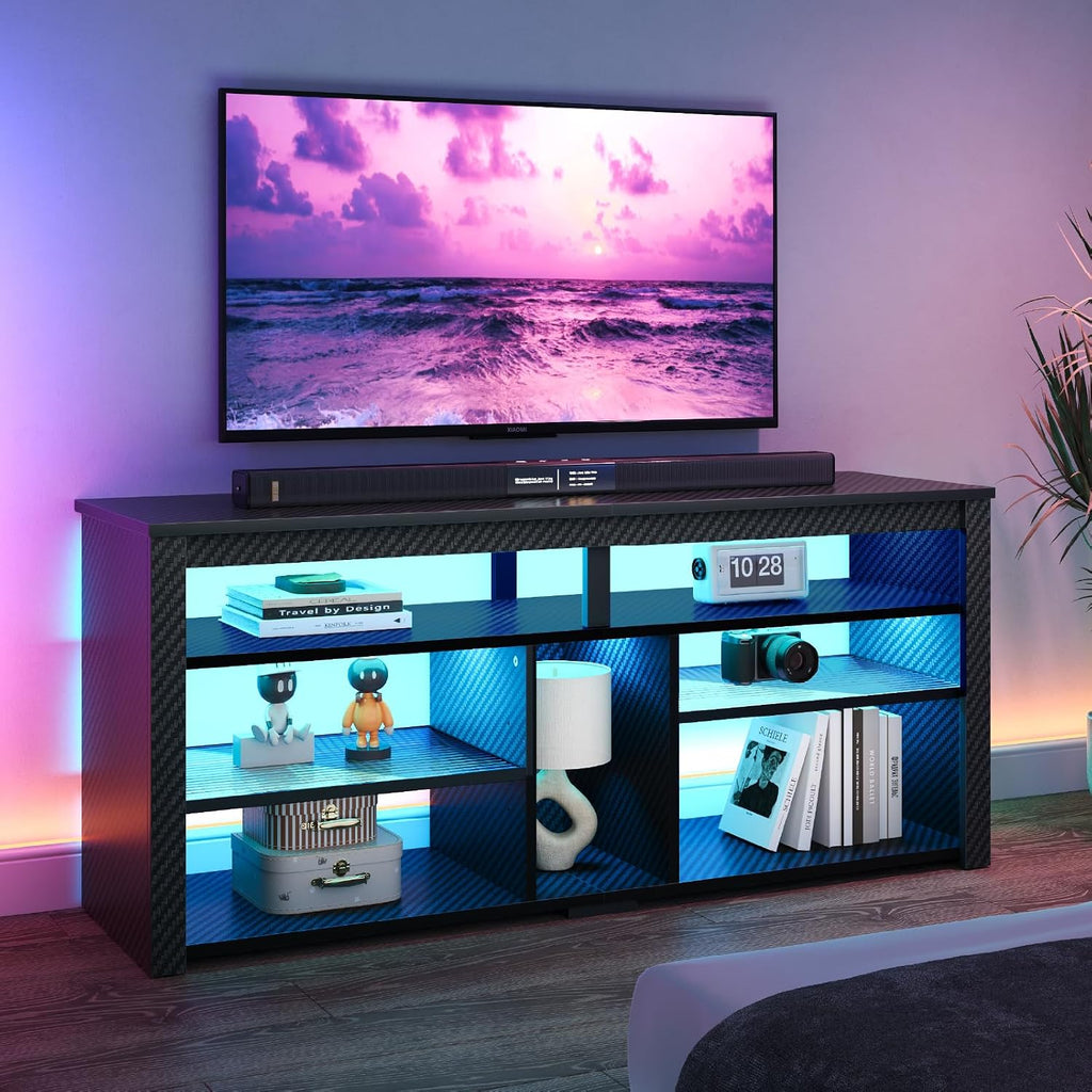 Bestier LED Tall TV Stand, Entertainment Center for 55/60/65 Inch TV, Gaming TV Console with Storage for PS4, Adjustable Shelf TV Cabinet for Living Room Bedroom, Carbon Fiber Black