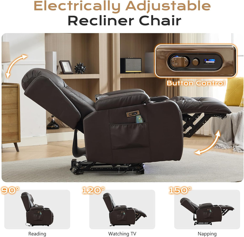 URRED Recliner Chair with Massage and Heat, Power Reclining Sofa Chair Home Theater Seating with LED Ambient Light, USB Ports, Cup Holders, Side Pockets, Faux Leather (Brown, Set of 1)