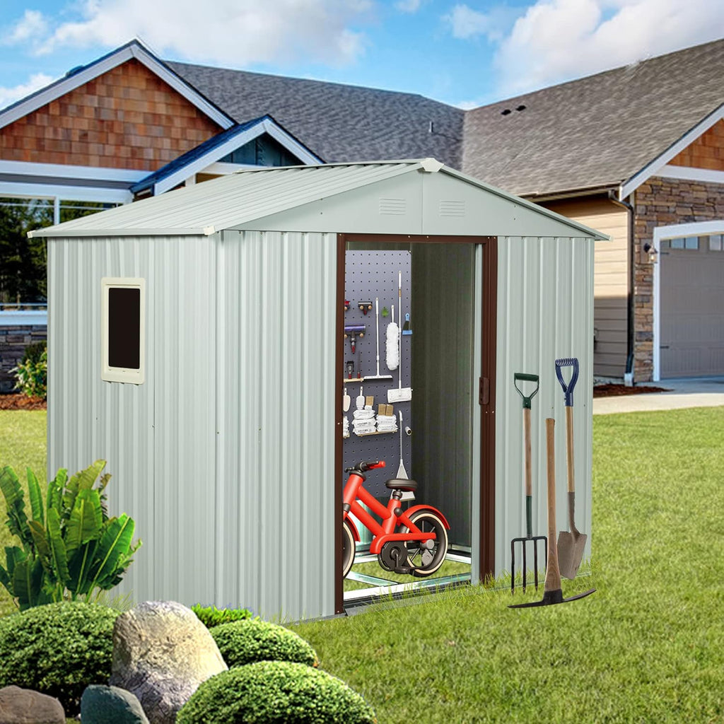 BNSPLY 6x5 FT Outdoor Storage Shed, Metal Garden Shed with Floor Frame, Tool Shed Outdoor Storage with Lockable Sliding Doors & Window & Air Vents, Storage House Waterproof for Backyard, Lawn, White
