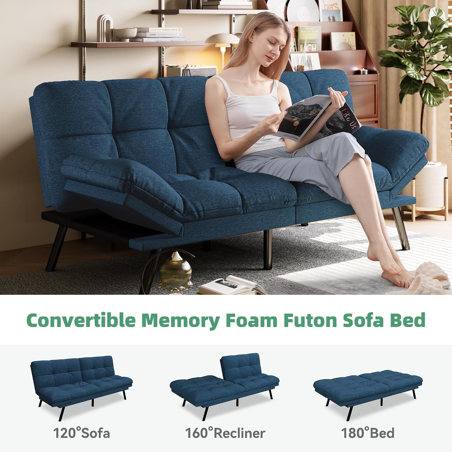Opoiar Convertible Futon Sofa Bed,71' Memory Foam Futon Couch,Detachable Cushion,Adjustable Backrest & Armrest,Linen Modern Loveseat Sleeper Recliner for Living Room,Office,Apartment,Retro Blue