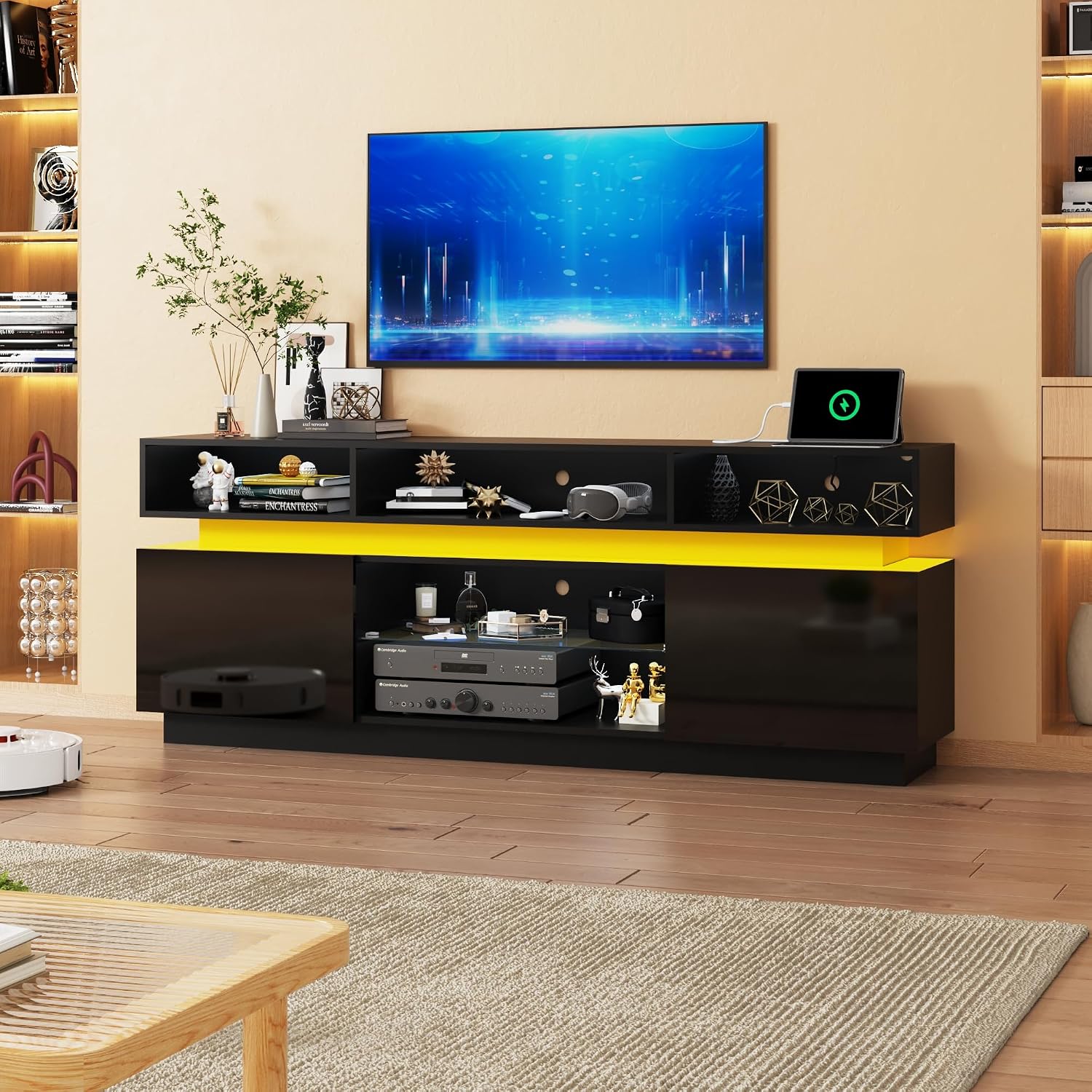 chartustriable LED TV Stand for 80 Inch TV, Modern Tall Entertainment Center with Power Outlets, High Gloss TV Stand, Gaming TV Media Console with Glass Shelf for Living Room, 71 Inch, Black