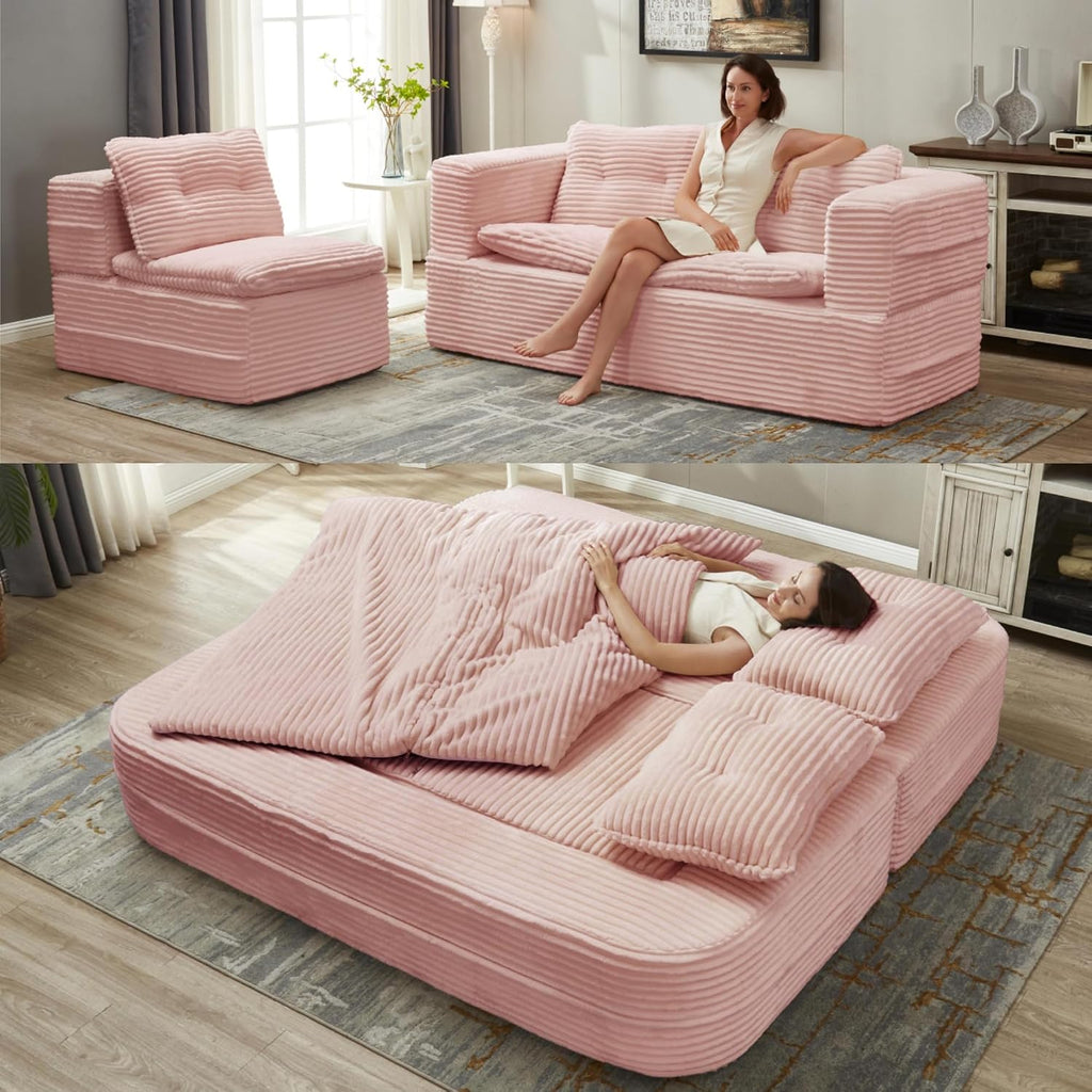 80'' Futon Sofa Bed, King Size Foldable Sleeper Sofa, Corduroy Boneless Loveseat Couch with Chaise Lounge, 3 Pillows, Blanket, Upholstered Sectional Couches for Living Room,Bedroom, Baby Pink