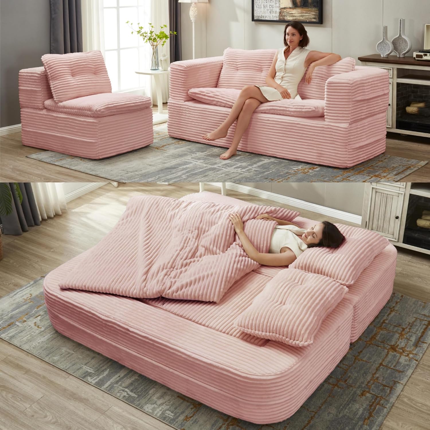 80'' Futon Sofa Bed, King Size Foldable Sleeper Sofa, Corduroy Boneless Loveseat Couch with Chaise Lounge, 3 Pillows, Blanket, Upholstered Sectional Couches for Living Room,Bedroom, Baby Pink