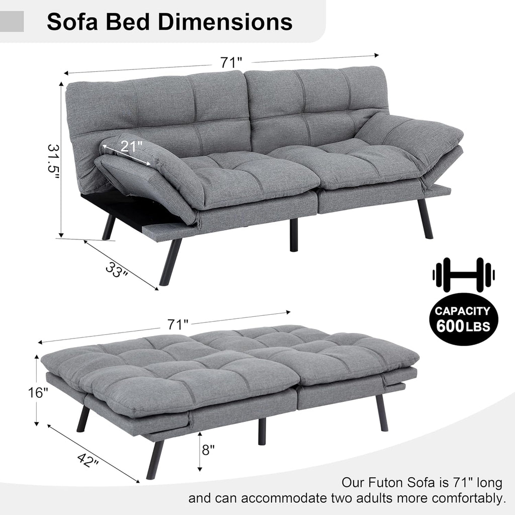 MUUEGM 71' Futon Sofa Bed, Comfortable Memory Foam Futons Sofa with Adjustable Backrest & Armrests, Convertible Loveseat Futon Bed for Compact Living Room, Apartment, Office, Grey