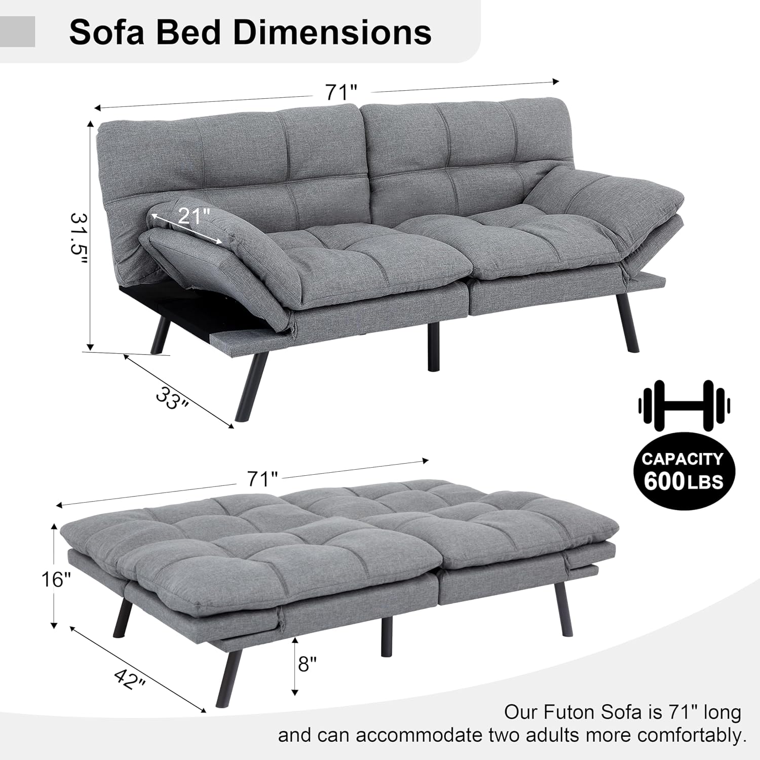 MUUEGM 71' Futon Sofa Bed, Comfortable Memory Foam Futons Sofa with Adjustable Backrest & Armrests, Convertible Loveseat Futon Bed for Compact Living Room, Apartment, Office, Grey