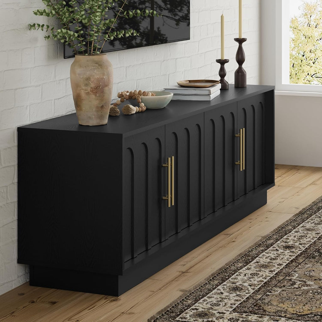 FORTUNETEC TV Stand for 75 Inch TV, 67' Entertainment Center with Arched Design, Minimalist Media Console with Adjustable Shelves, Modern TV Stand for Living Room Bedroom, Black