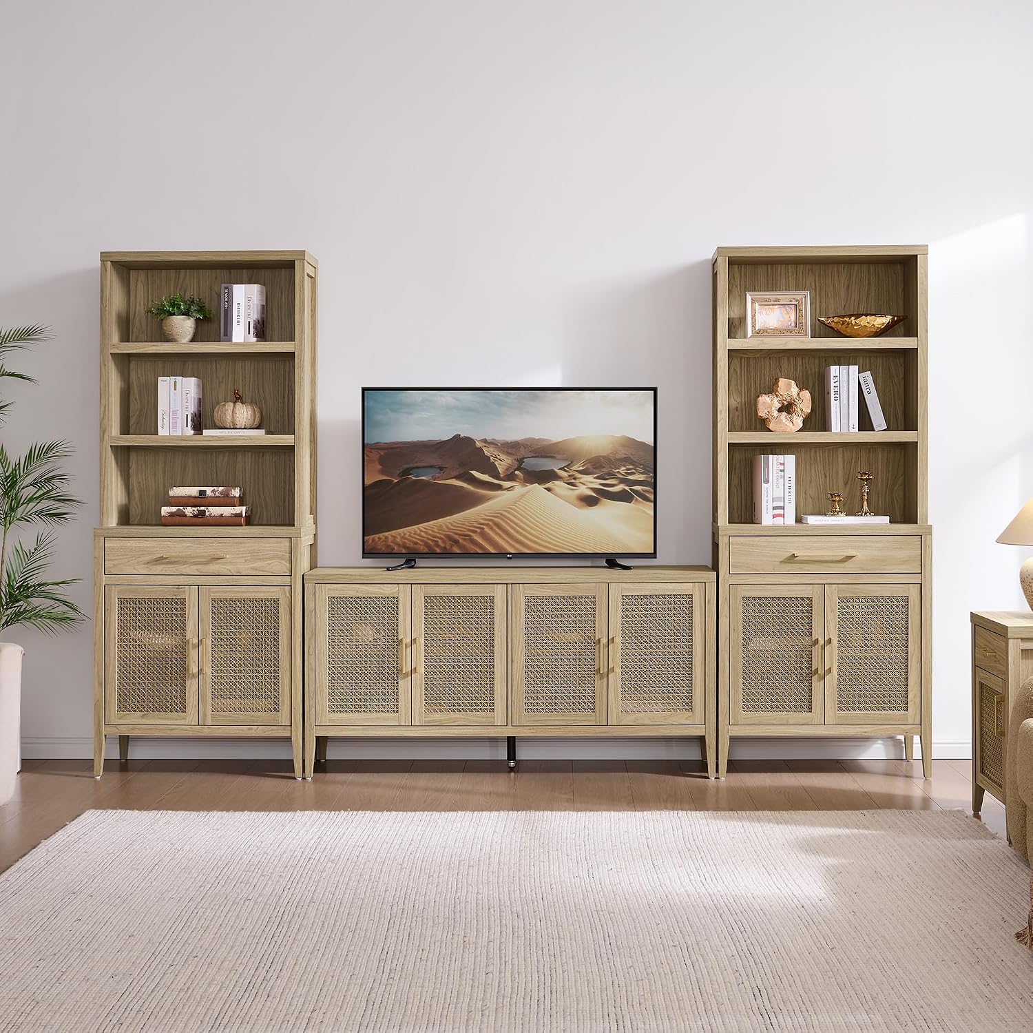 SICOTAS TV Stands for Living Room - Modern TV Console with 4 Doors Cabinet, 59' Television Stands Farmhouse Entertainment Center Media Console Credenza for 45 50 55 60 65 Inch TVs, Light Walnut