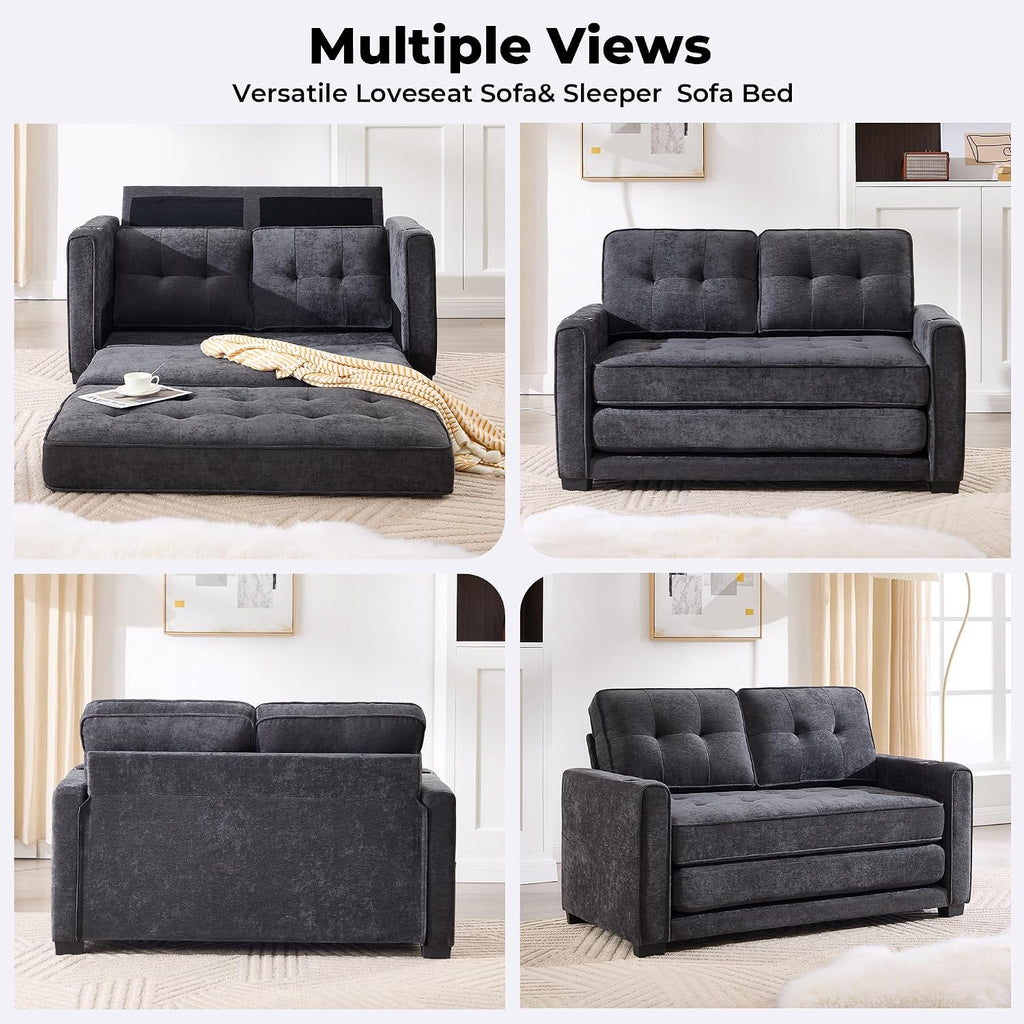 Convertible Sofa Bed, Pull Out Loveseat Sleeper Couch,Linen Fabric 2 in 1 Folding Couch Bed, Fold Out Floor Futon Couches with Cup Holder for Living Room, Bedroom,Small Space, Dark Grey