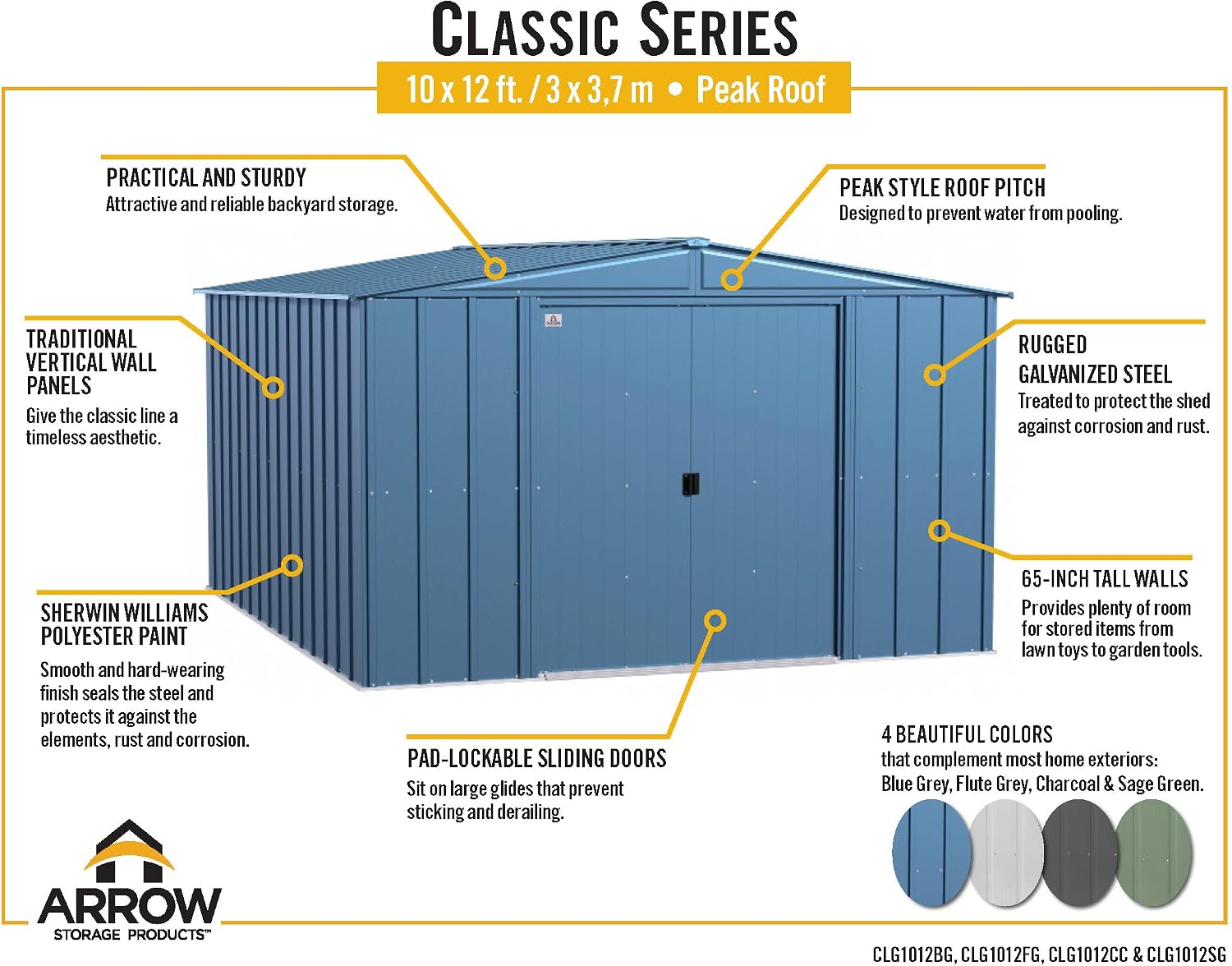 Arrow Classic Steel Storage Shed, 10x12, Charcoal