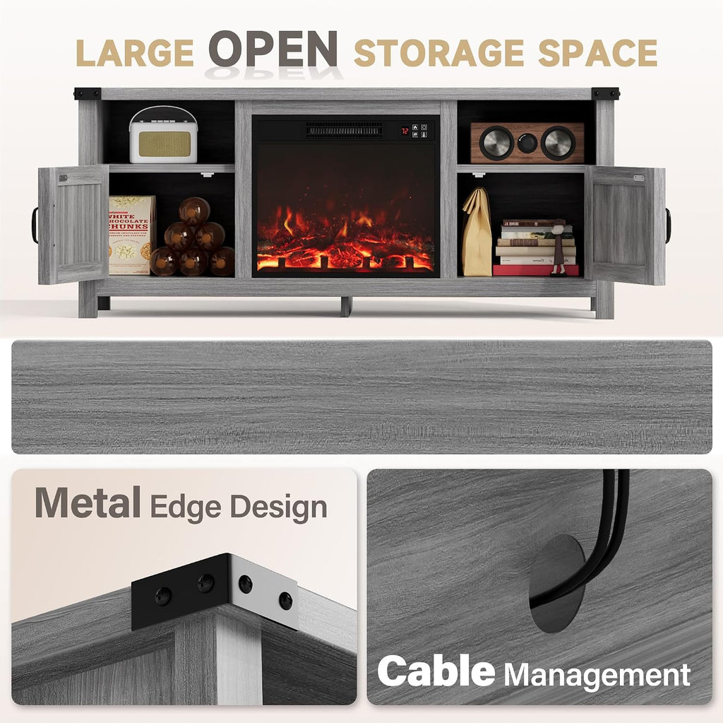 Furmax Entertainment Center with Fireplace, Fireplace TV Stand with Storage Cabinets and 2 Open Shelves, Modern Media TV Console for Living Room (Light Grey)
