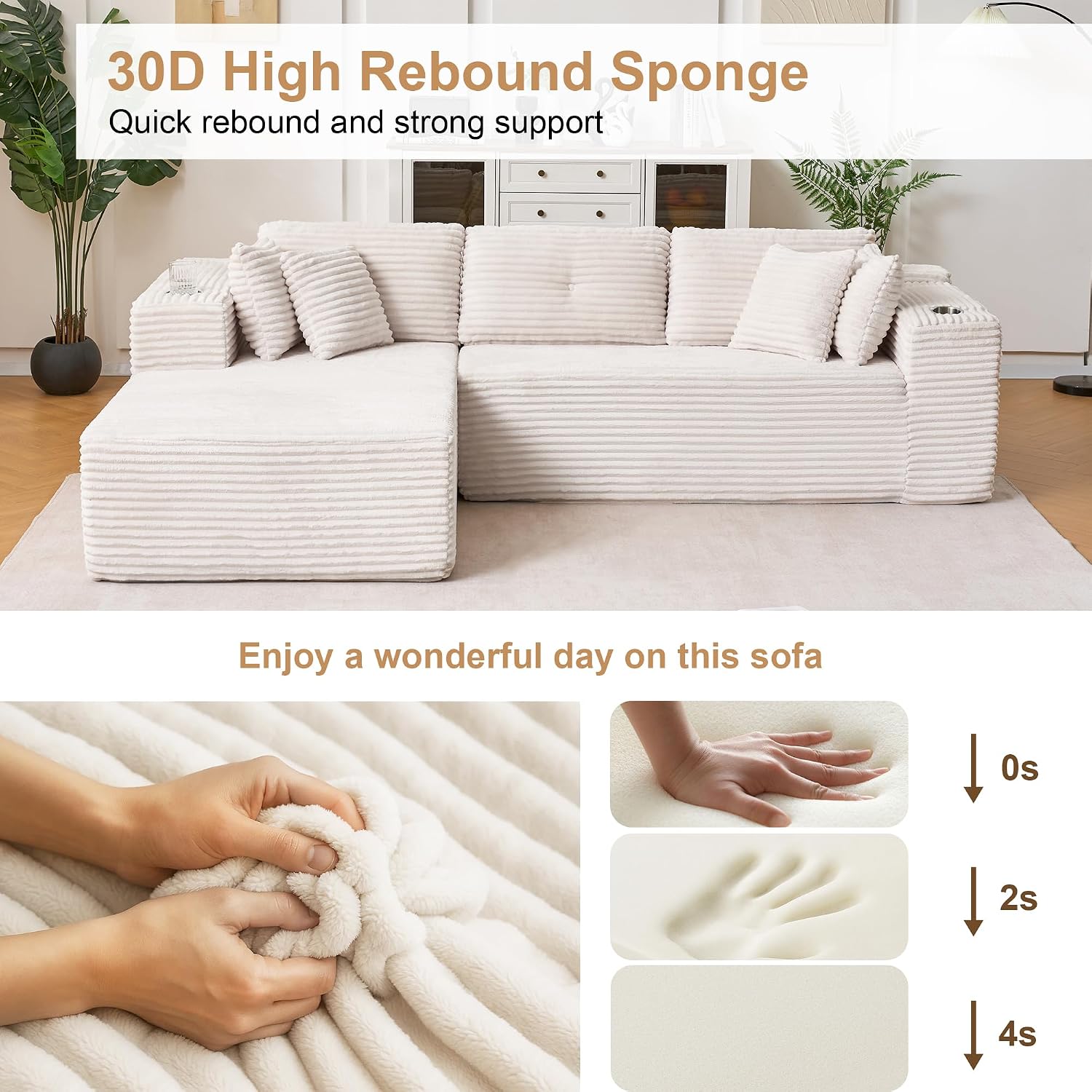 Modular Sectional Sofa, 105' L Shaped Comfy Cloud Couch with Deep Seat, Boneless Couch for Living Room, Corduroy Modular Sofa with Chaise and Cup Holders, No Assembly Required, Beige