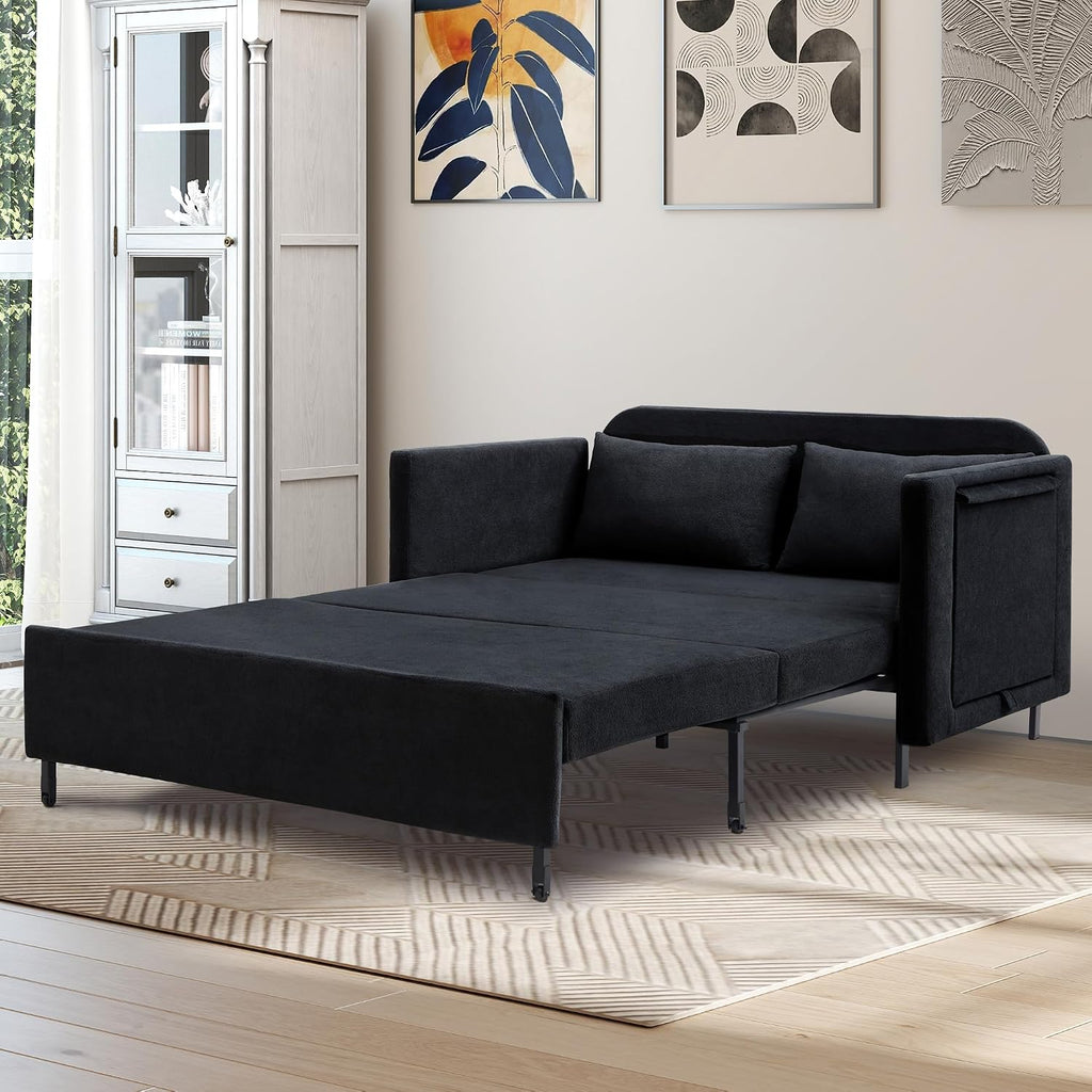 51'' Small Pull Out Sofa Bed, 3-in-1 Convertible Sleeper Couch Bed, Chenille Futon Sleeper Sofa with Side Table and 2 Pillows, Modern Loveseat Couch for Living Room, Bedroom, Home Office (Black)